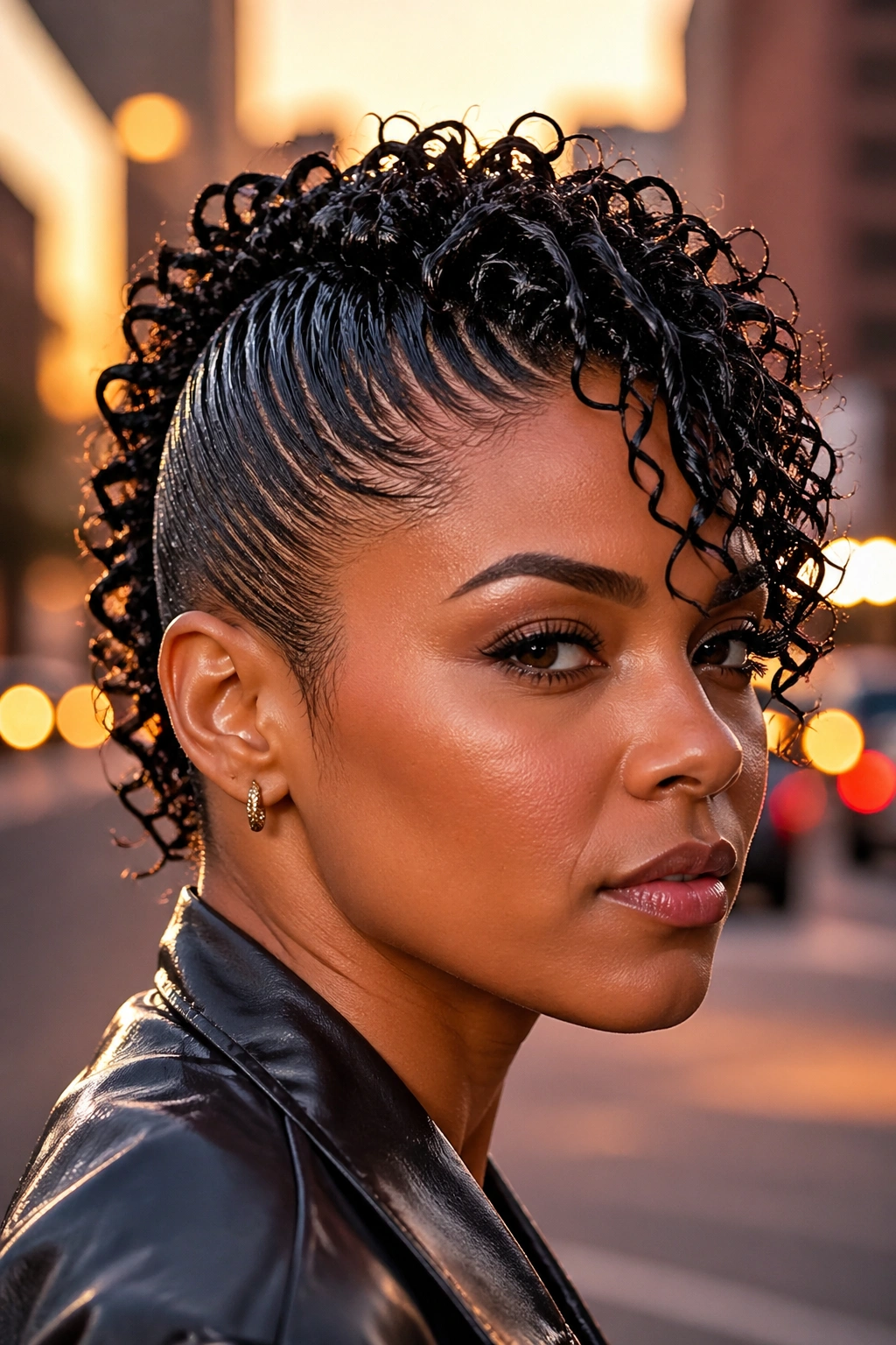 Close-up of a real person with a wet-look mohawk featuring slick sides and a defined center