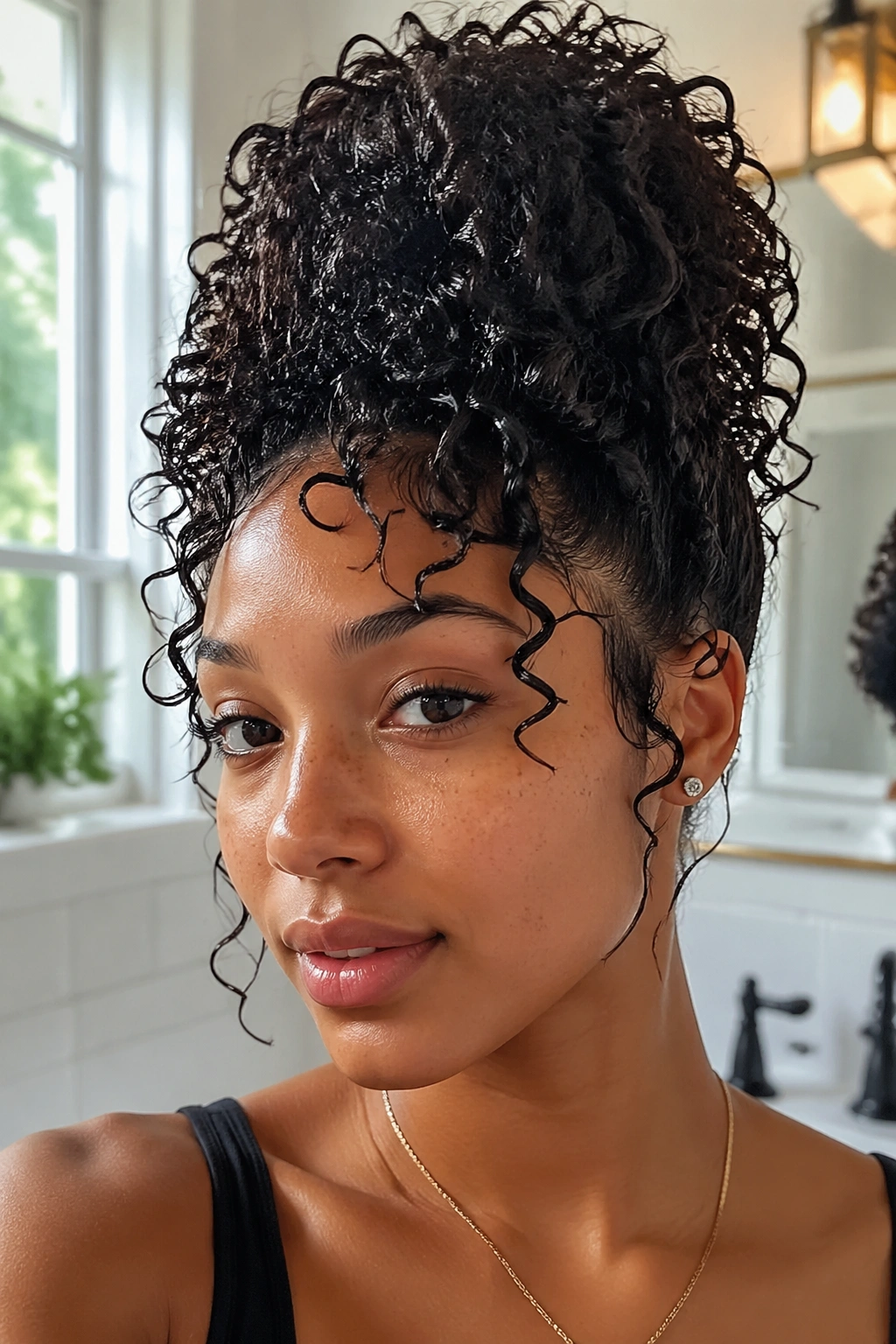 Close-up of a real woman with a wet pineapple updo and glossy curls