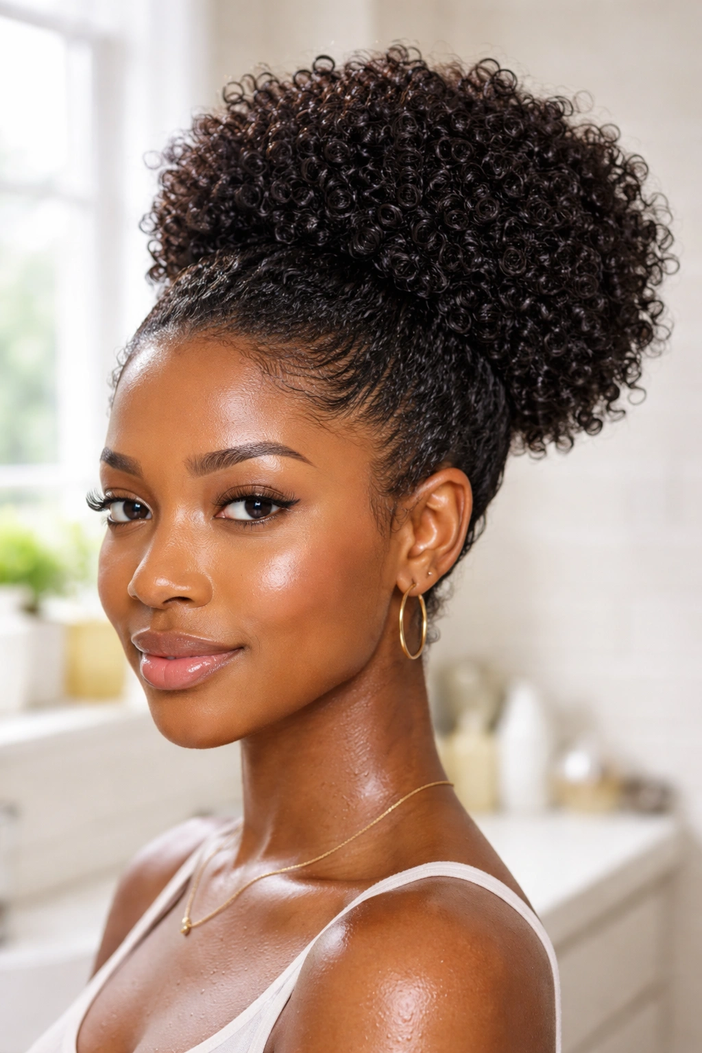 Close-up of a woman with a wet-set puff and defined glossy coils