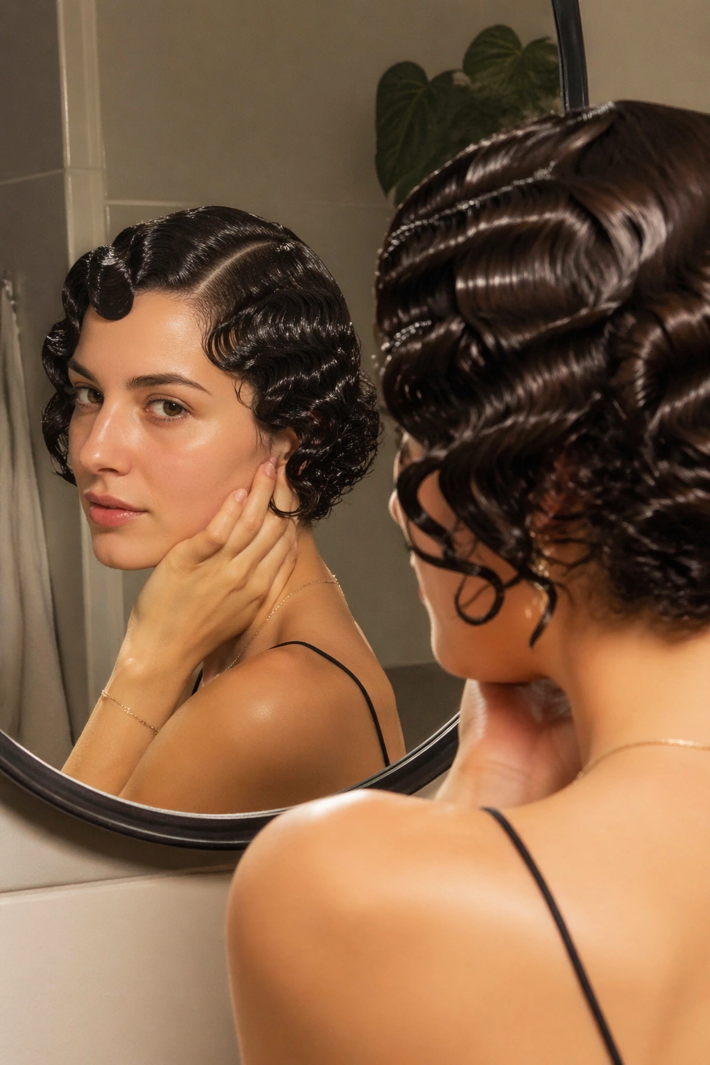 Candid over-the-shoulder view of wet-set waves on short curls