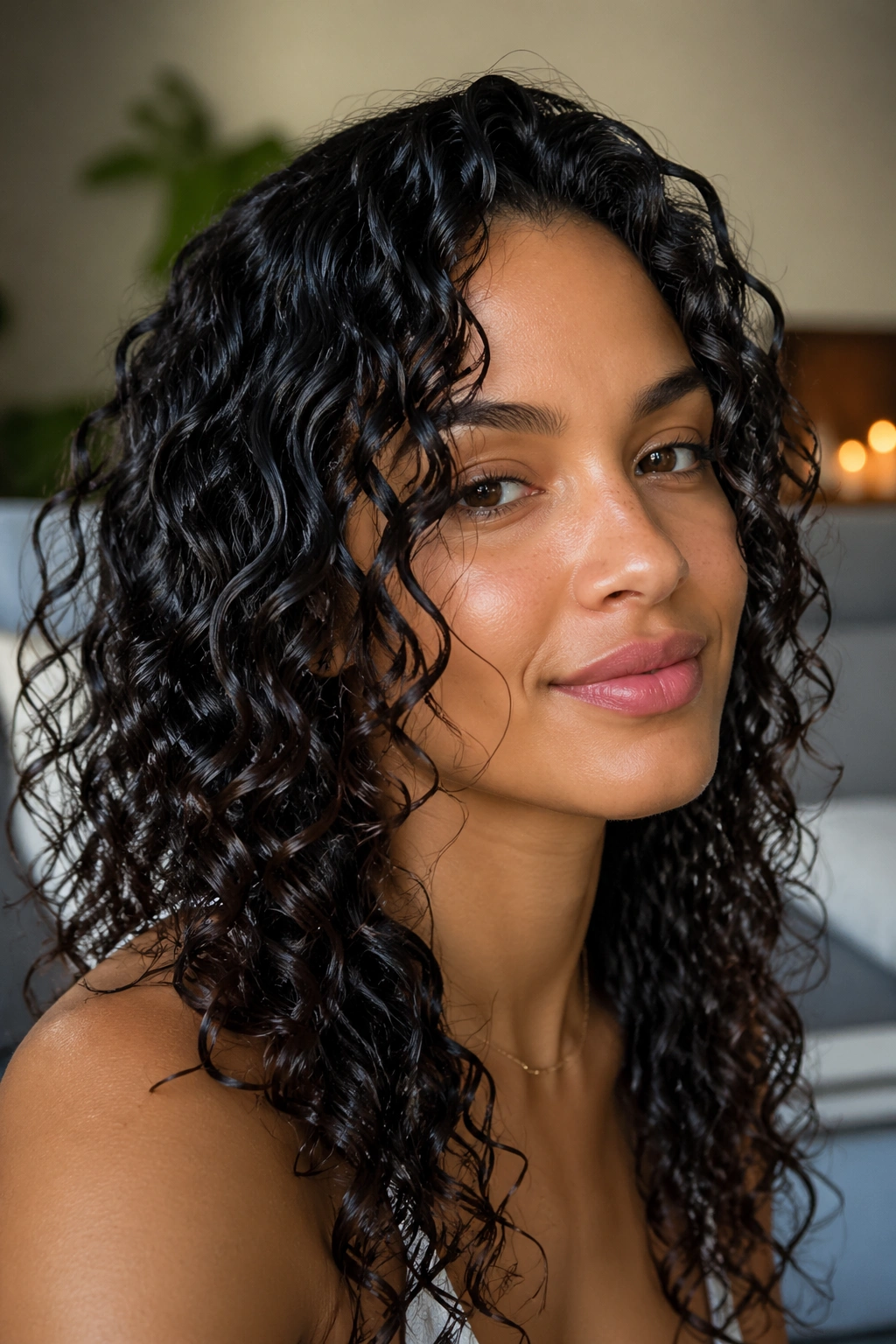 Close-up portrait of a real person with defined wet curls
