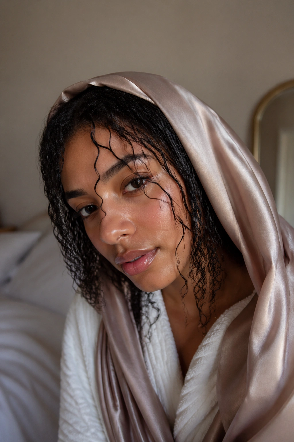 Close-up of damp hair protected by a loose satin scarf on a real person
