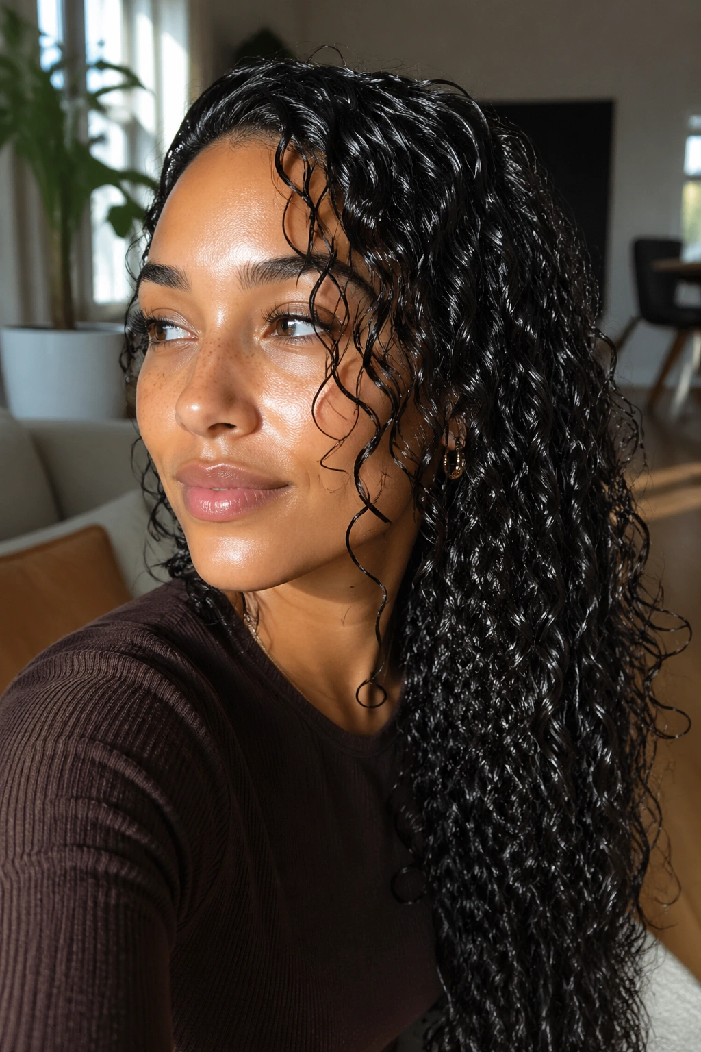 Real woman with glossy curls in natural daylight showing lasting wet-look to defined dry curls.
