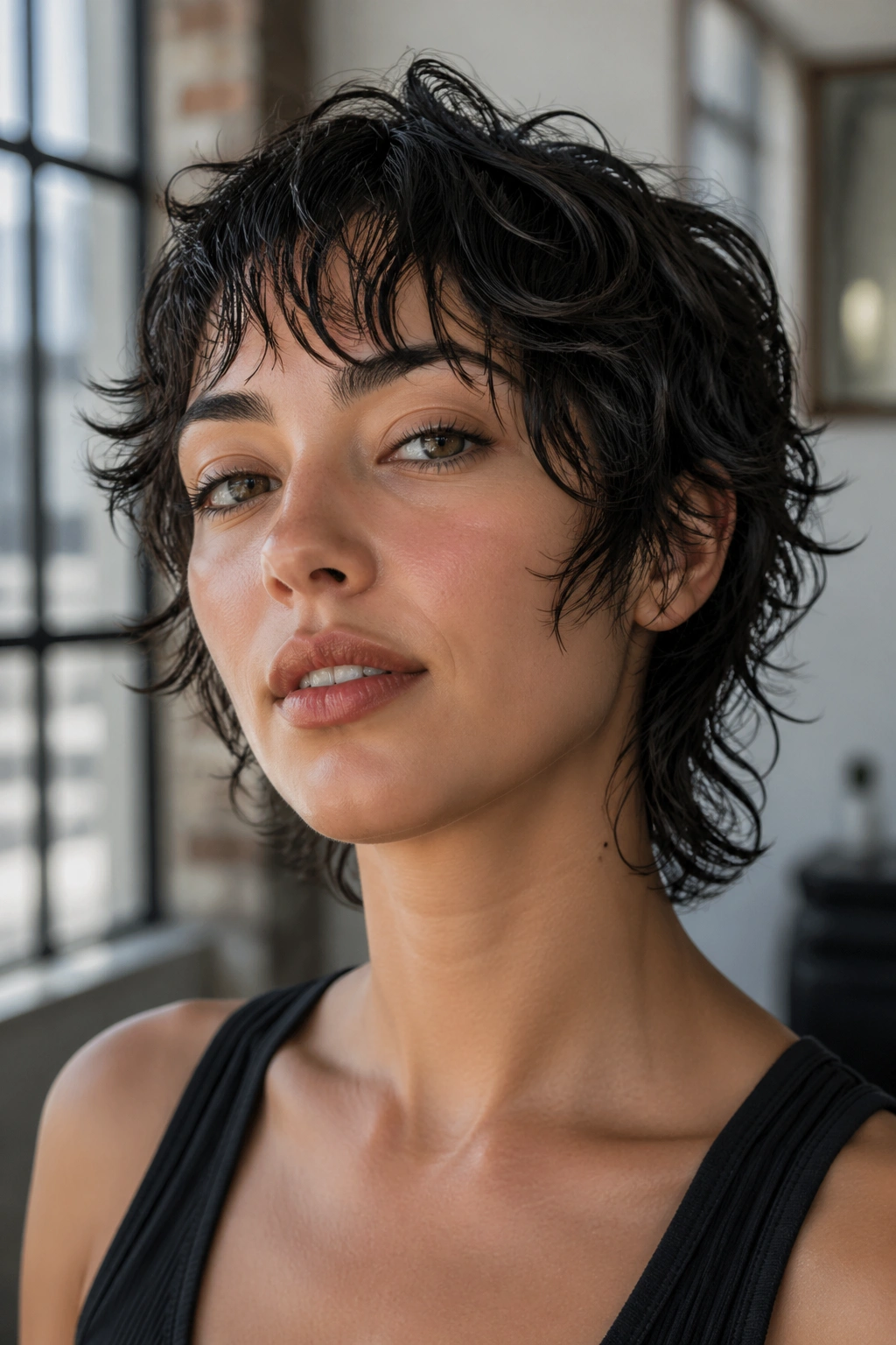 Close-up of a real person with a glossy wet-texture short shag and defined waves.