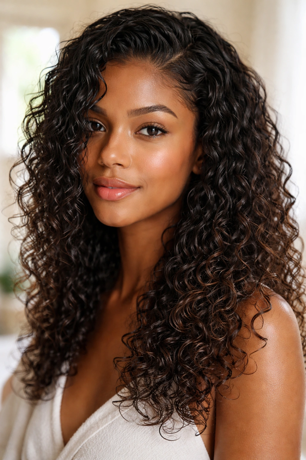 Portrait showing hair with wet to dry curl progression from crown to ends