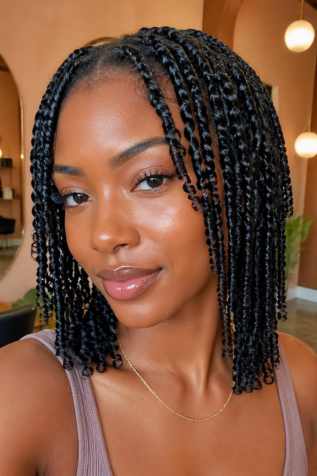 Close-up of a real woman with wet twist-out showing defined two-strand twists