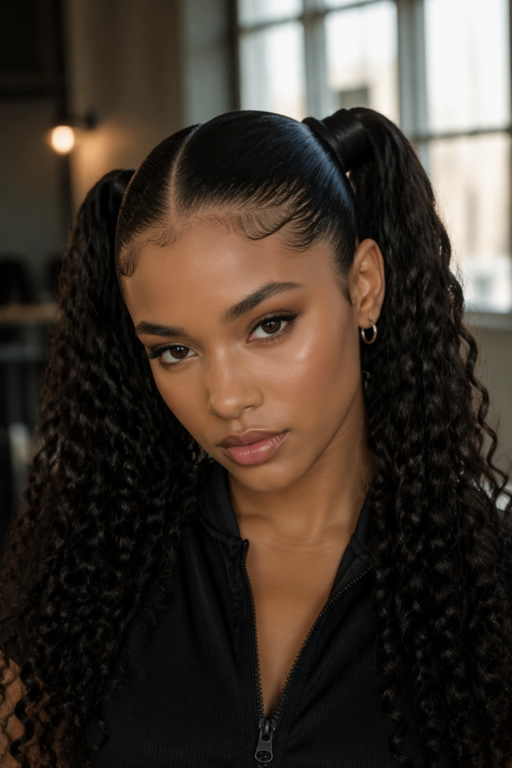 Close-up of a real woman's wet-look double ponytails with glossy crown and defined curls