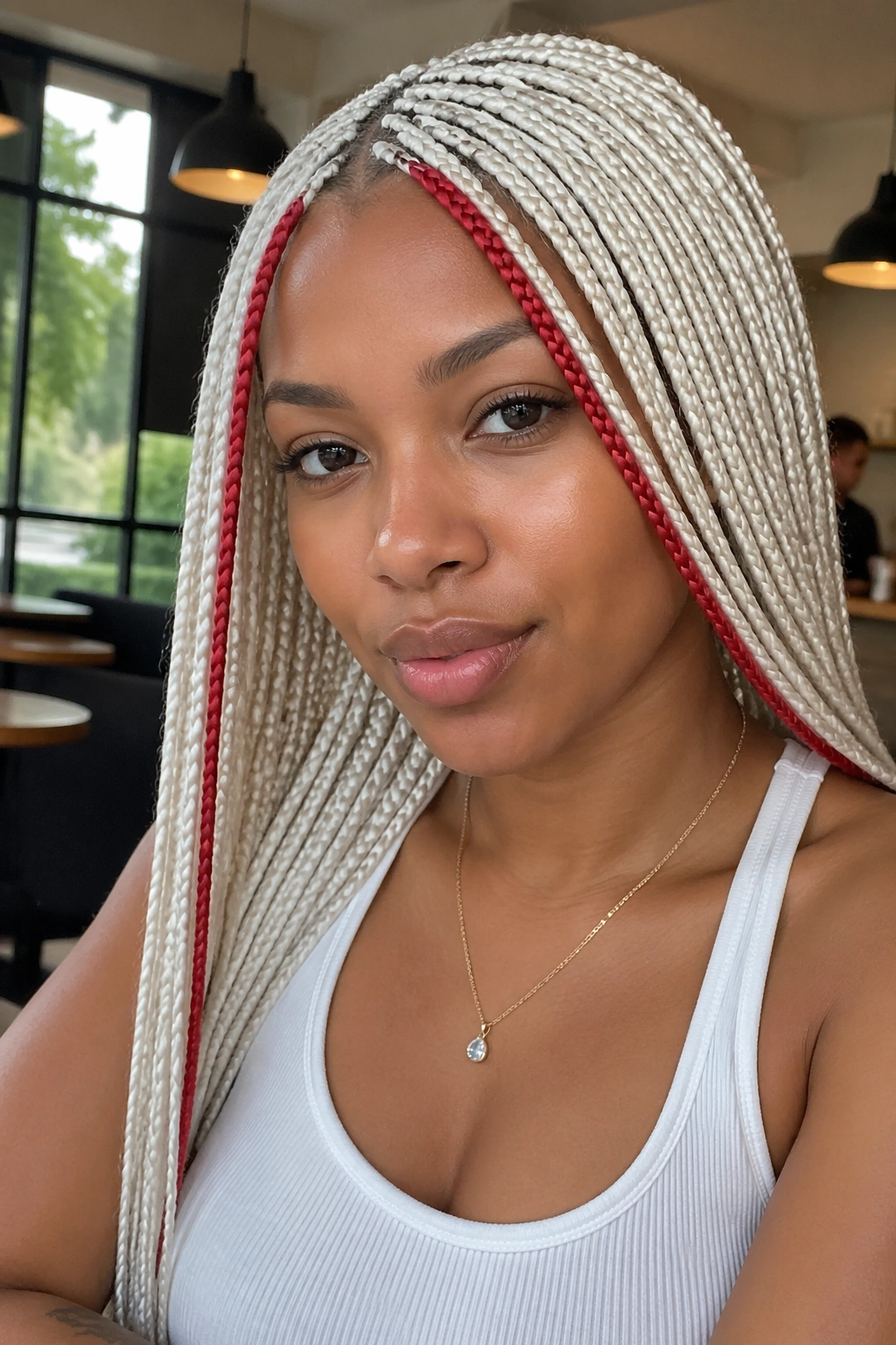 Close-up of a real woman with white box braids red face-framing pieces near the temples.