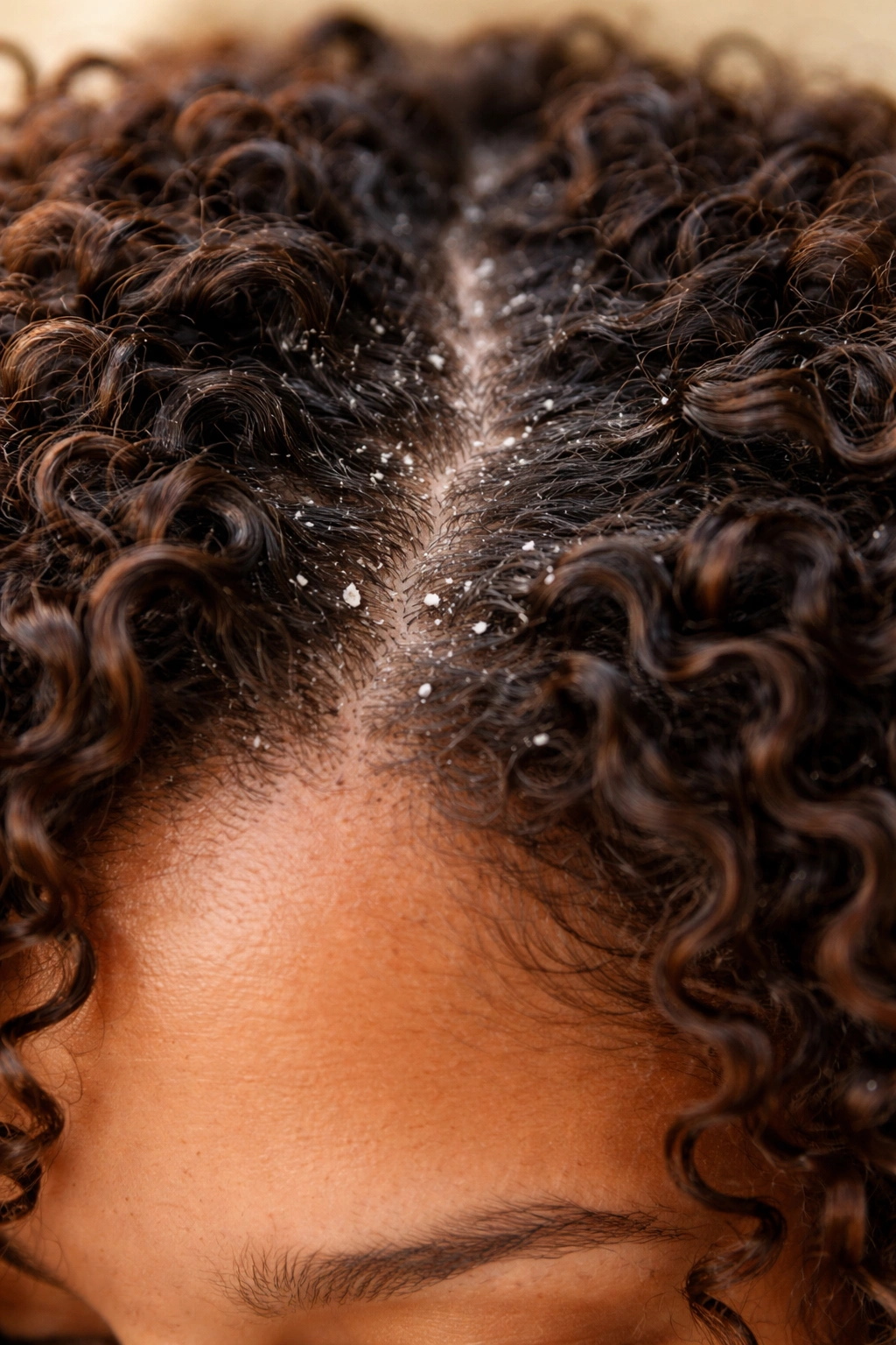 Close-up of hair roots with white flakes among curls.
