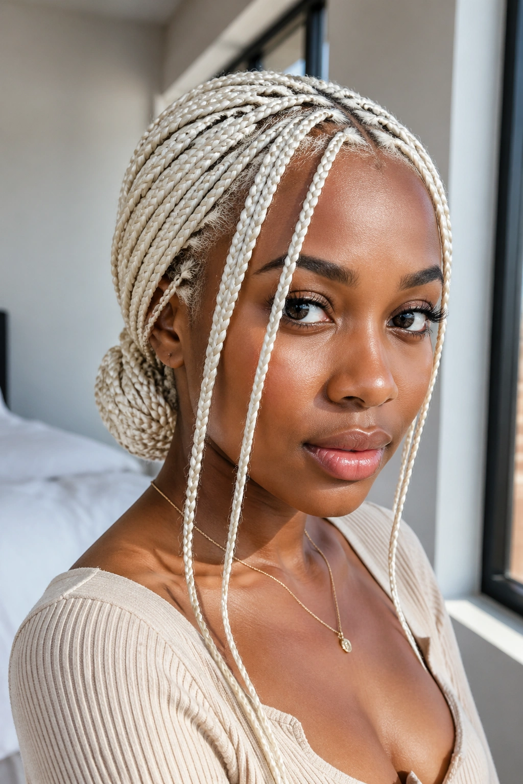 Close-up of a real woman with white knotless box braids in a sleek low bun