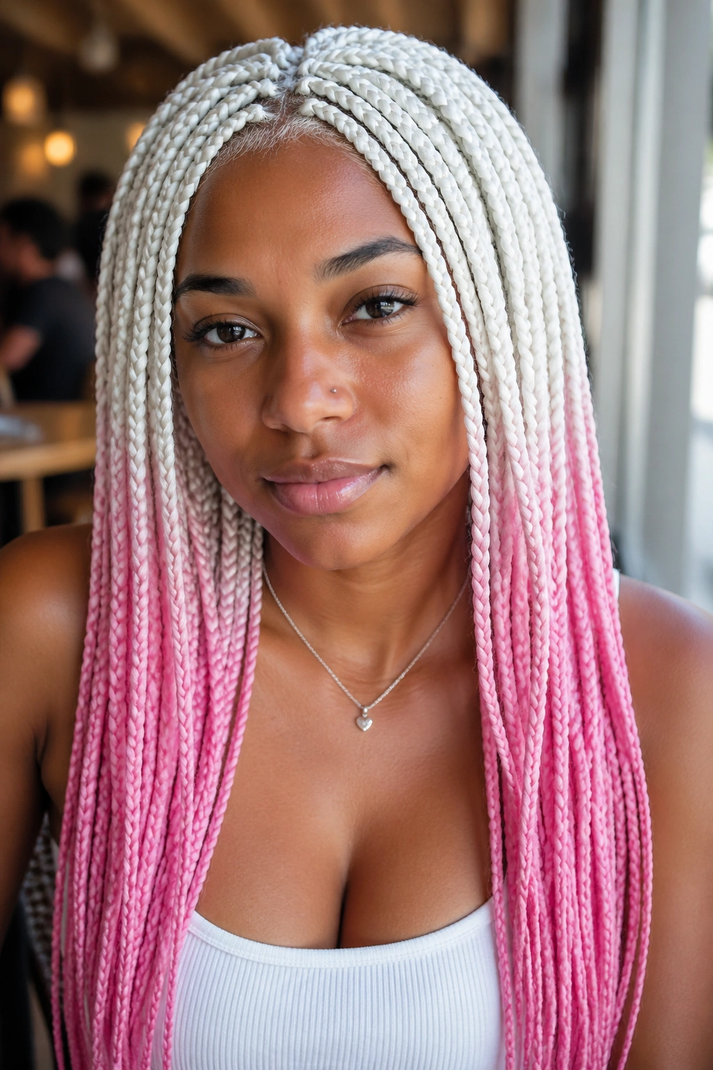 Close-up of white-root pink-tip box braids on a real person.