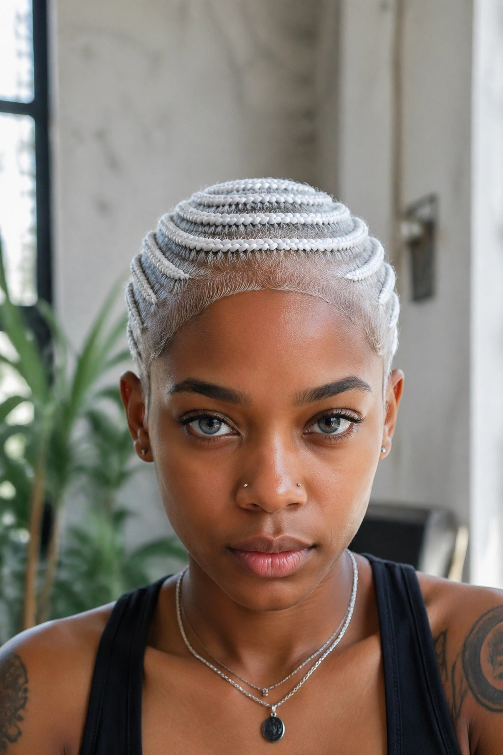 Close-up of white stitch-braid cornrows with ridges catching light.
