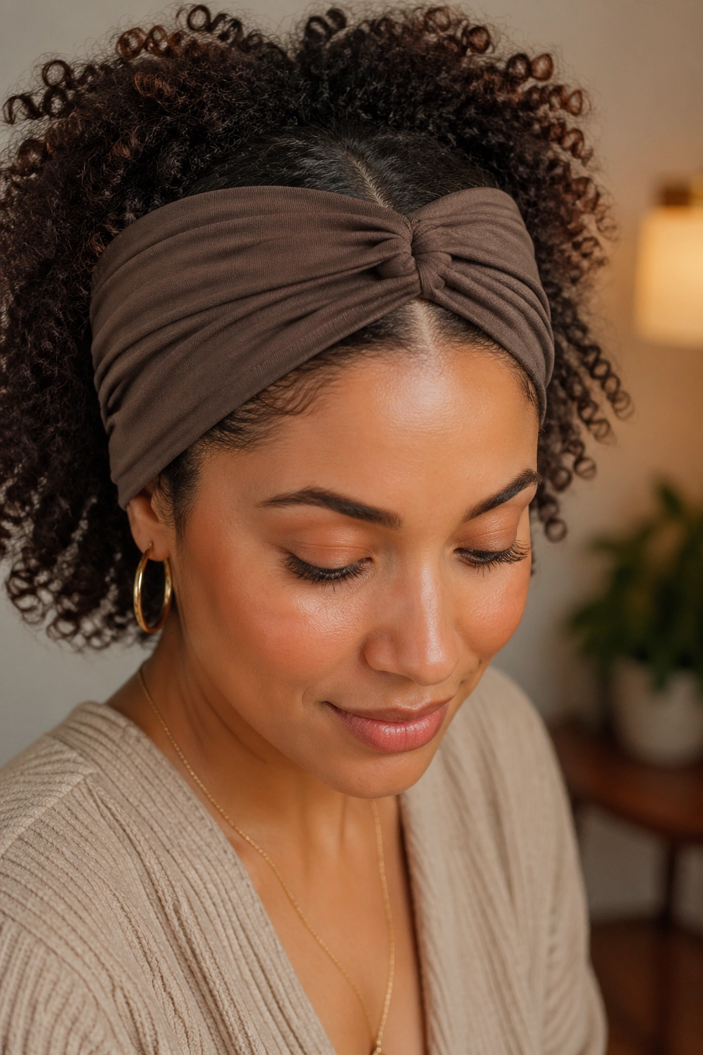 Close-up portrait of a real woman with a wide-band wrap and defined center part