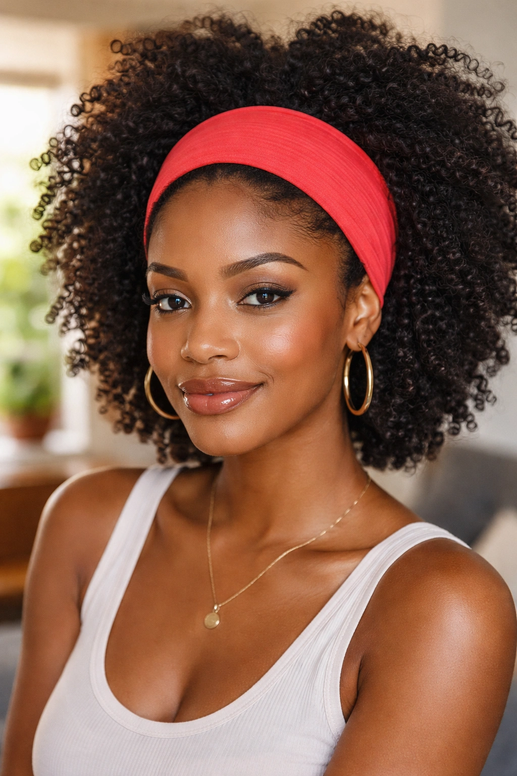 Portrait of a person wearing a wide fabric headband in bold color.