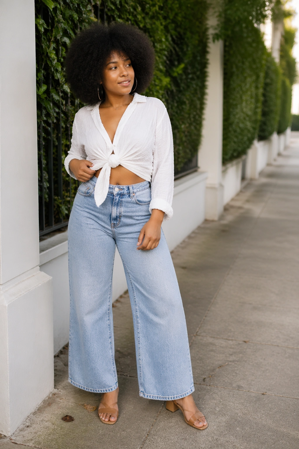 Medium close-up of a woman in wide-leg denim with a knotted shirt outdoors