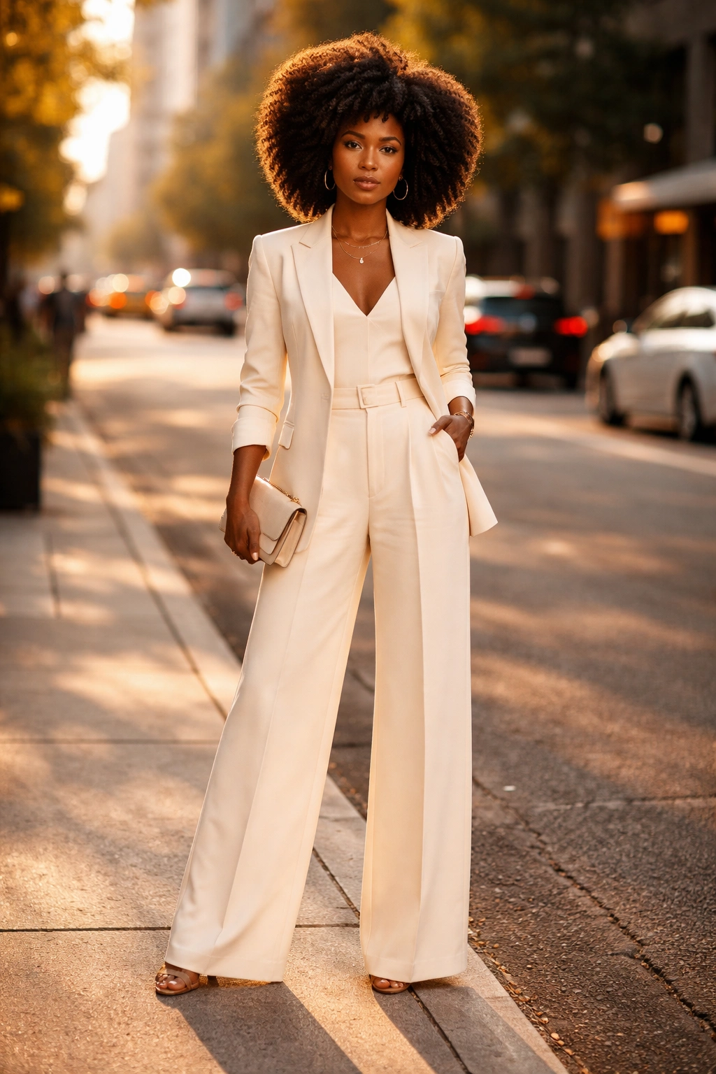 Person in a matching high-waisted wide-leg trouser set on a city sidewalk