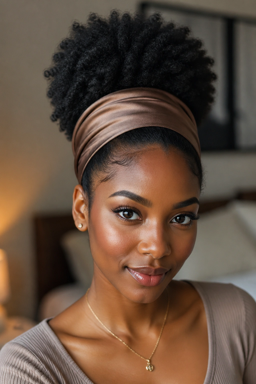 Portrait of head with a wide satin band and a tall Afro puff behind.