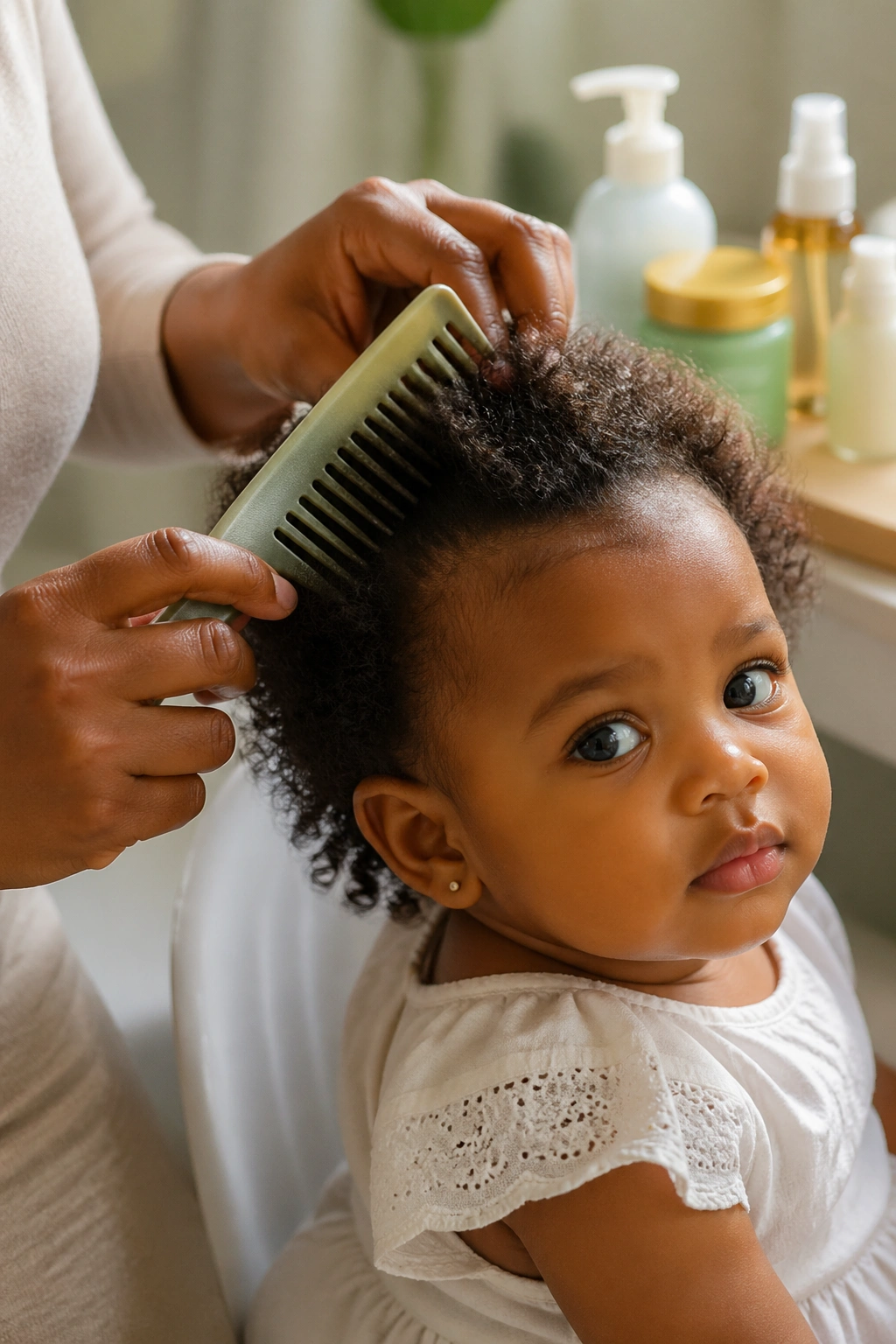 Parent combing baby's hair with a wide-tooth comb in a bathroom setting