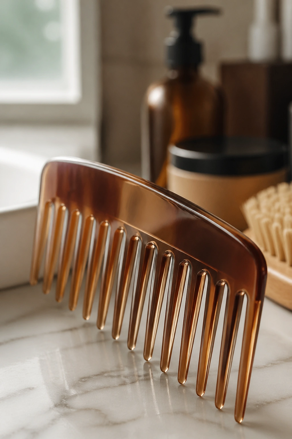 Close-up of a wide-tooth comb on a bathroom counter