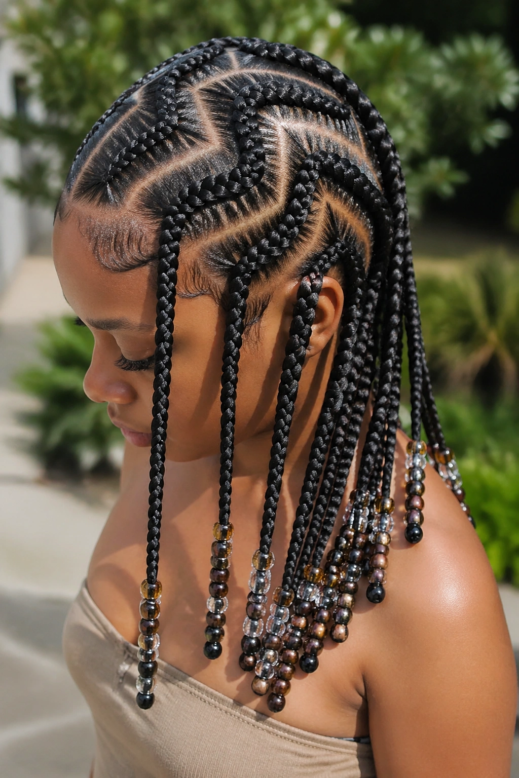 Portrait of a real person with four wide zigzag cornrows and bead cascades at the ends.