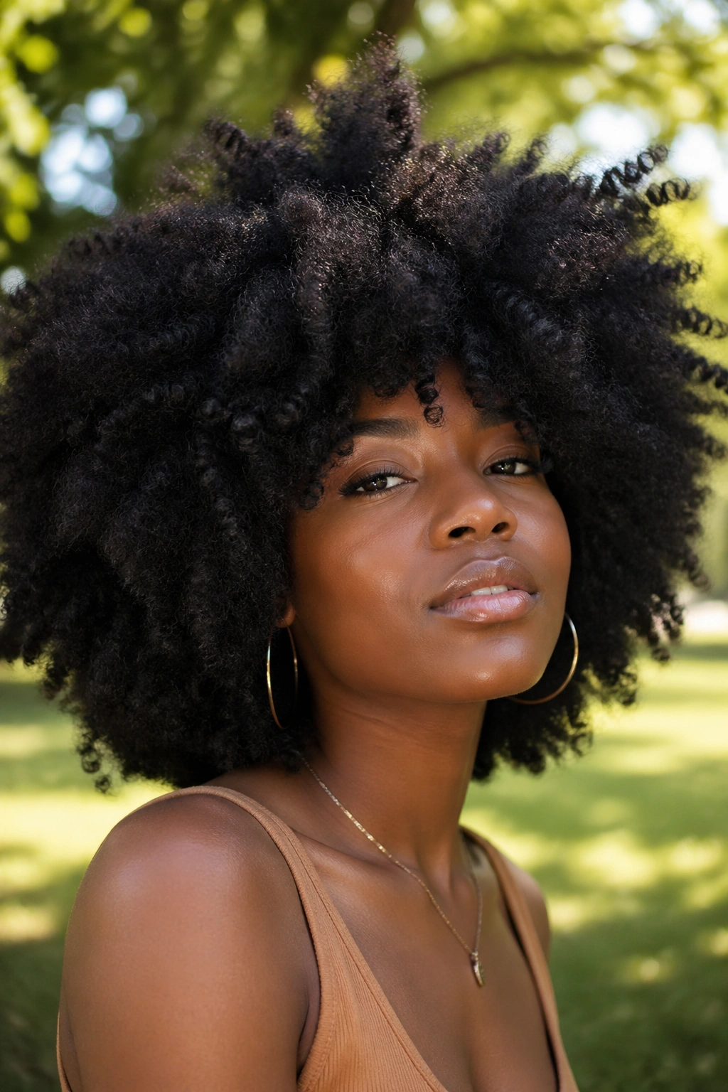 Close-up of a woman with a wild, dense crochet afro outdoors