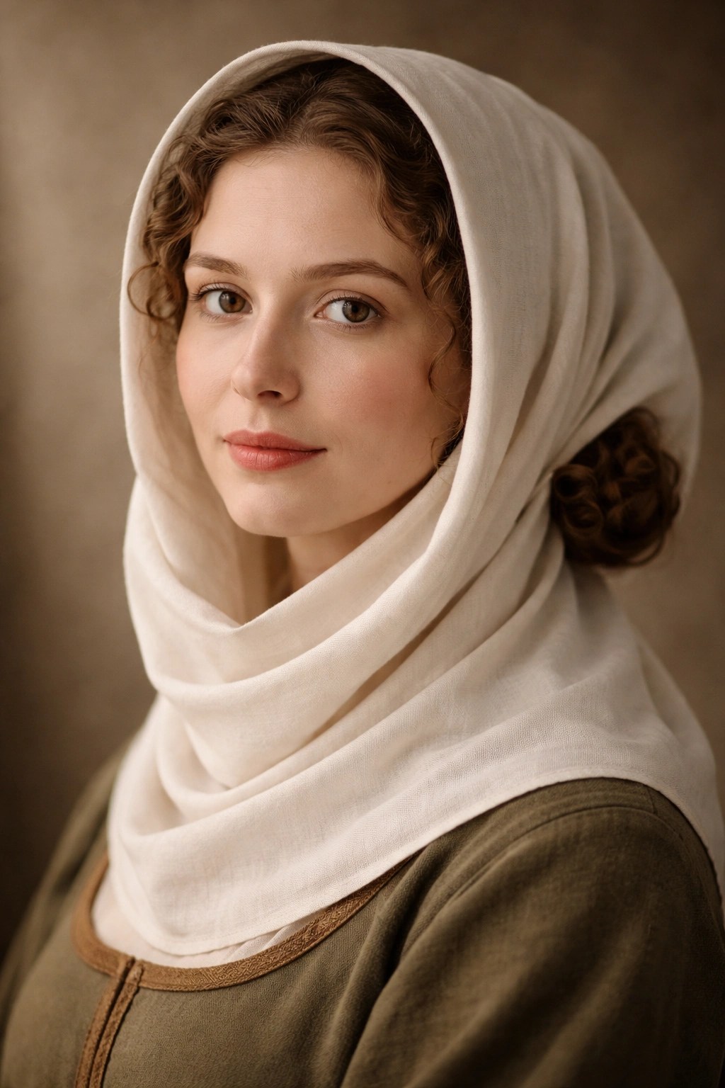 Close-up of a medieval woman wearing a wimple with curls tucked in a low bun