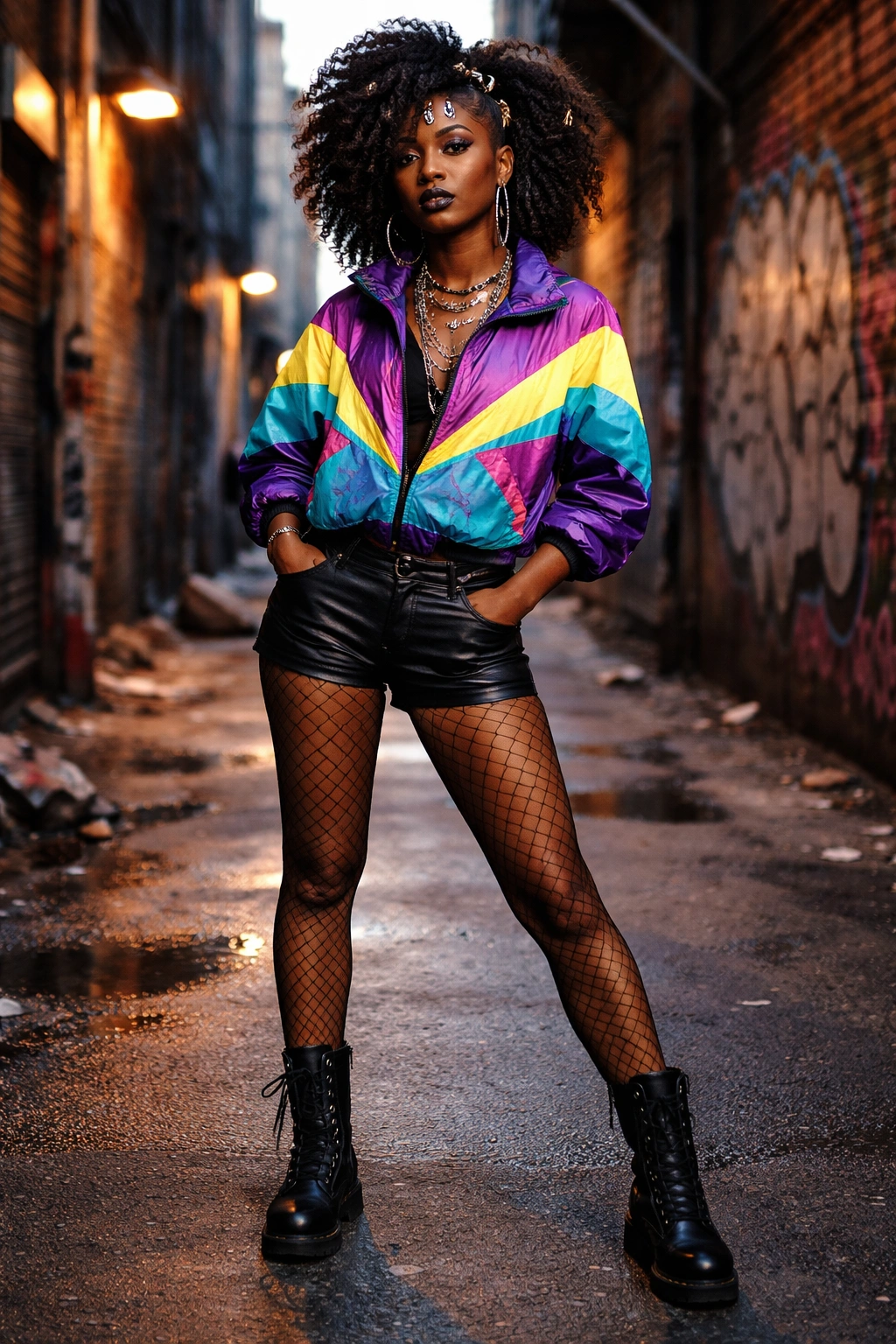 Bold woman in a neon windbreaker and black leather shorts in a city backdrop.