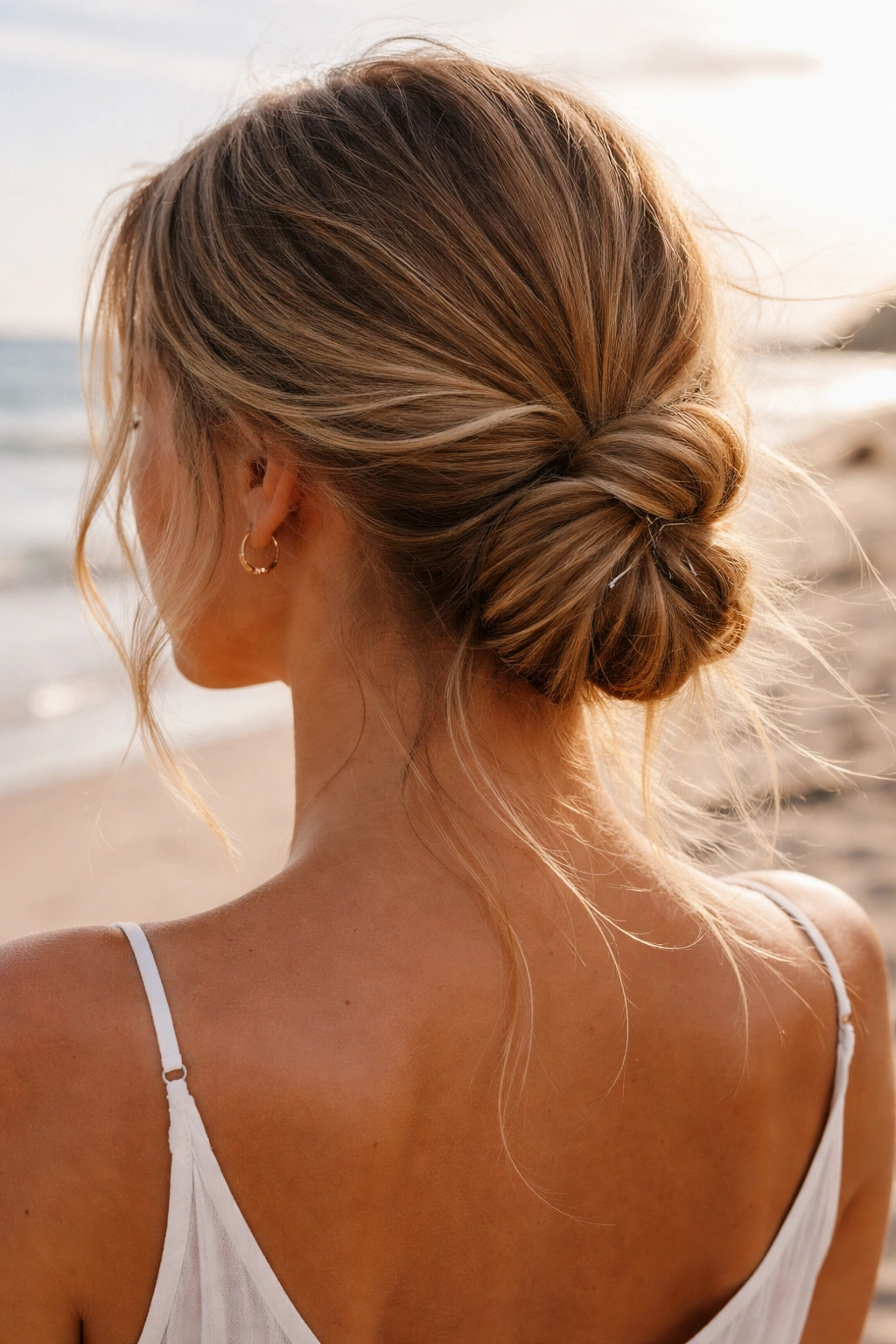 Portrait of a real woman with a windproof beach knot at the nape of the neck.