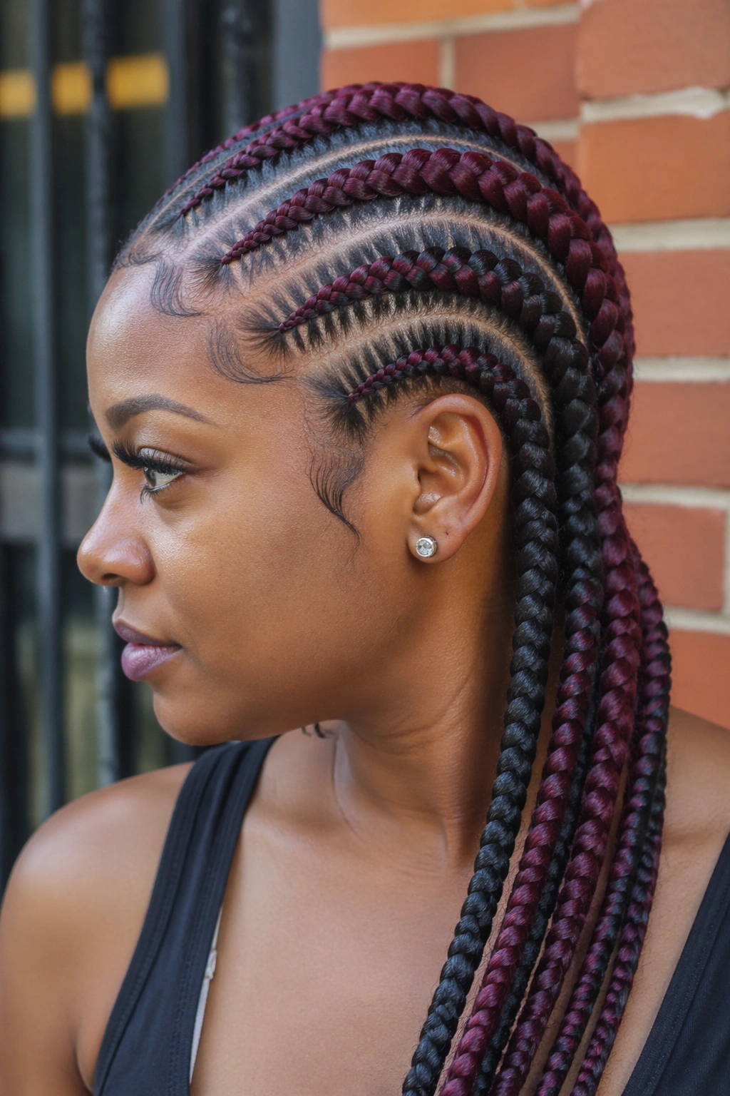 Close-up of wine and black striped cornrows in alternating pattern