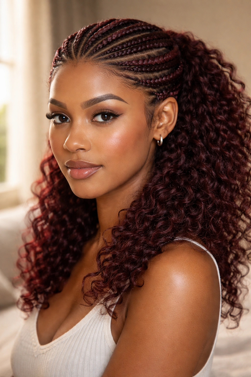 Close-up portrait of a woman wearing a wine cornrow crown with natural curls at the back
