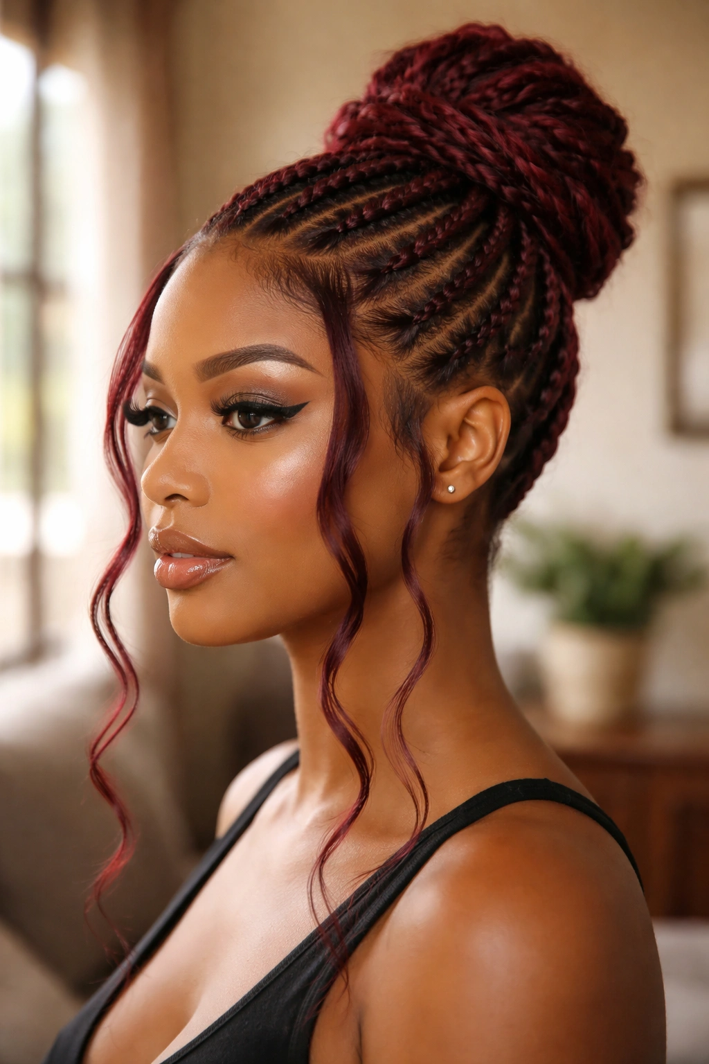 Portrait of a person with a wine cornrow updo and deliberate temple tendrils