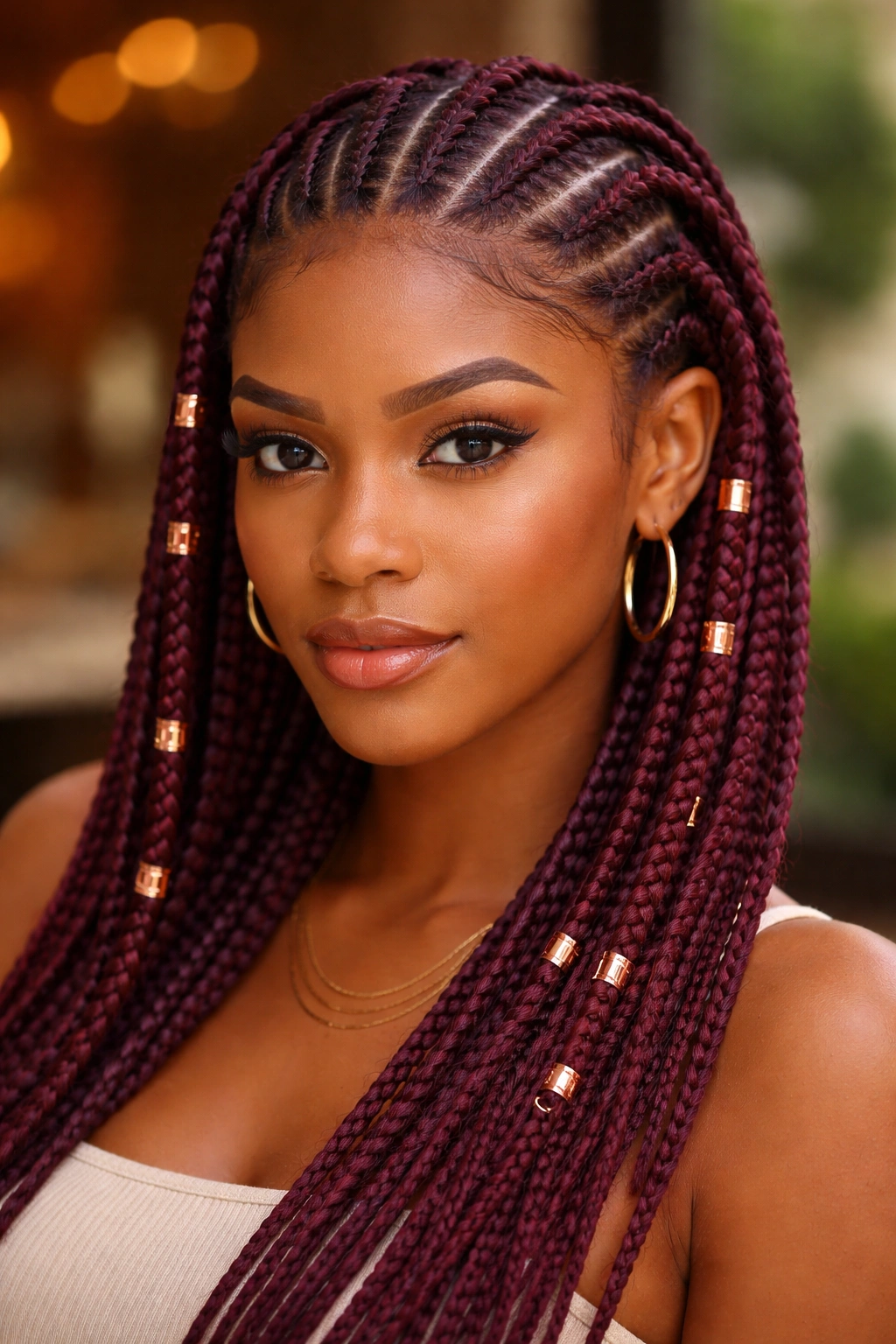 Close-up of wine-colored cornrows with copper cuffs on a real person