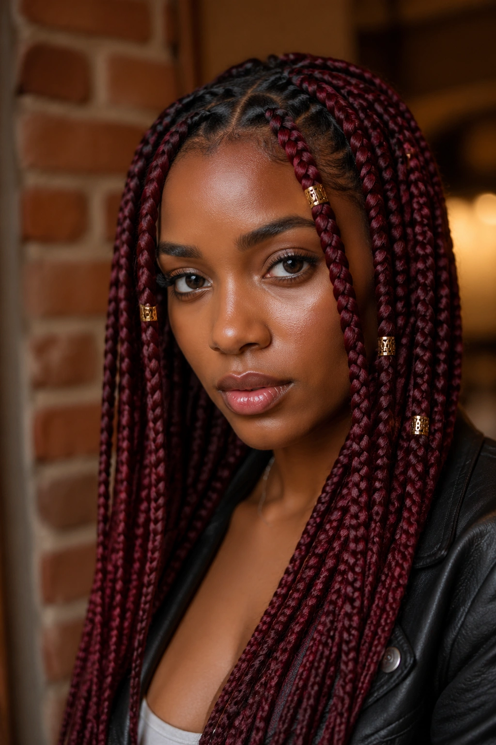 Real woman with wine-red braids and gold cuffs close-up