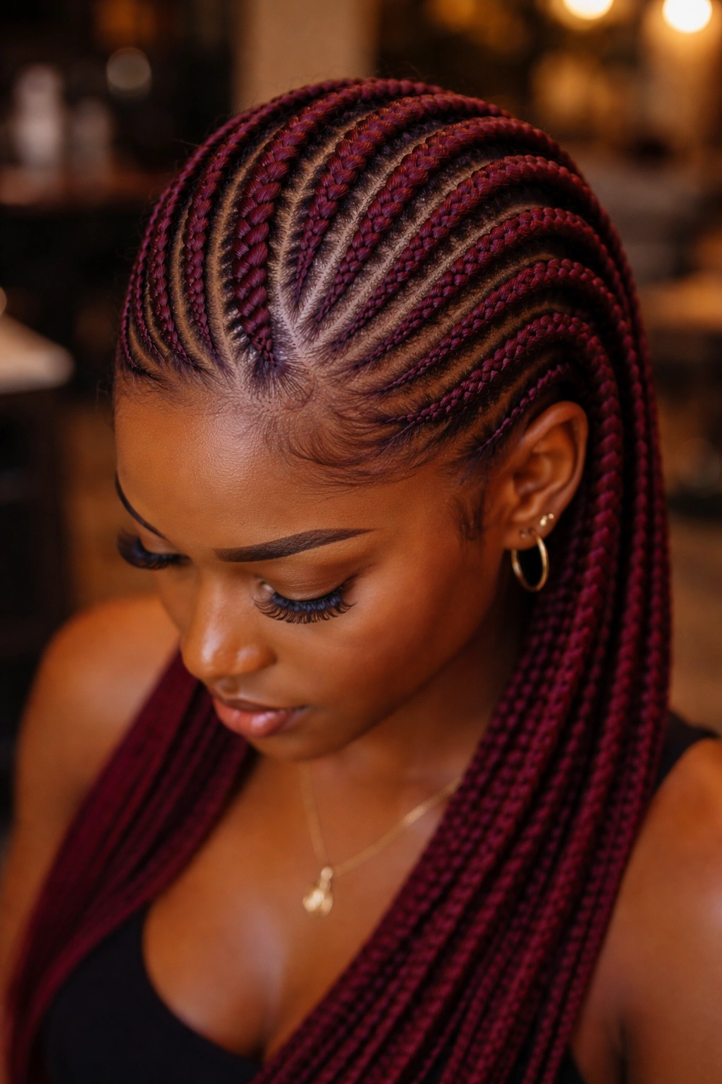 Close-up of wine-red curved cornrows on a real person under warm salon lighting