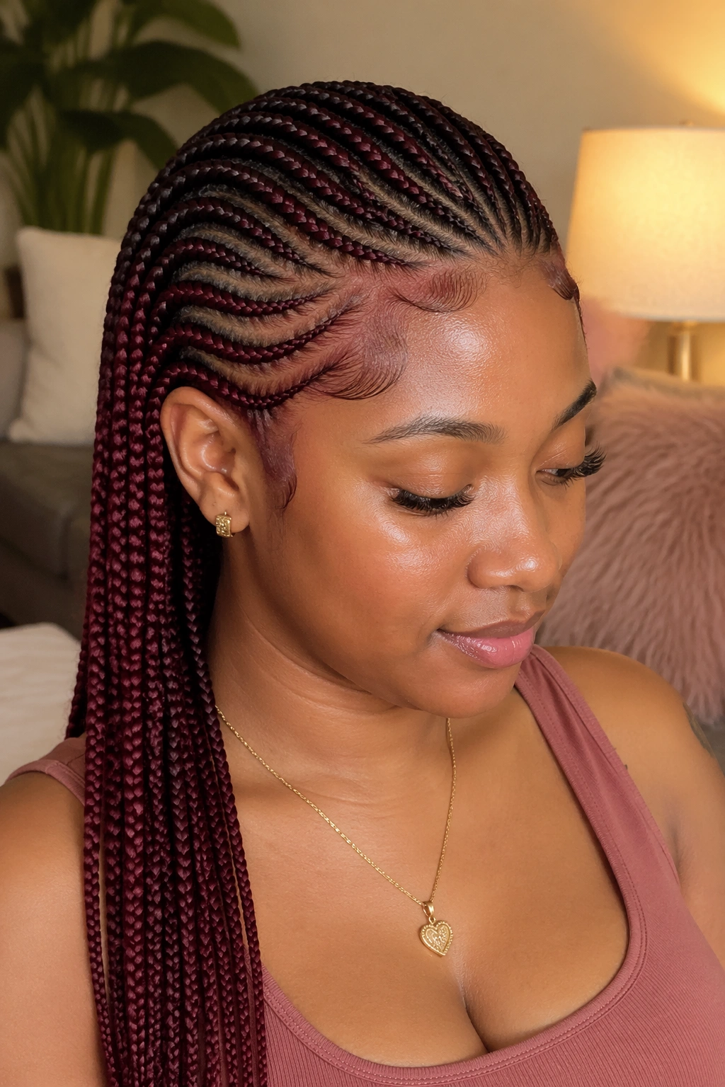 Portrait of a real person with wine red cornrows and curved front parts framing the face.