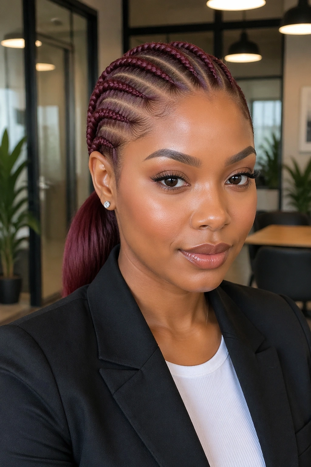 Close-up of wine red feed-in cornrows in a low sleek pony