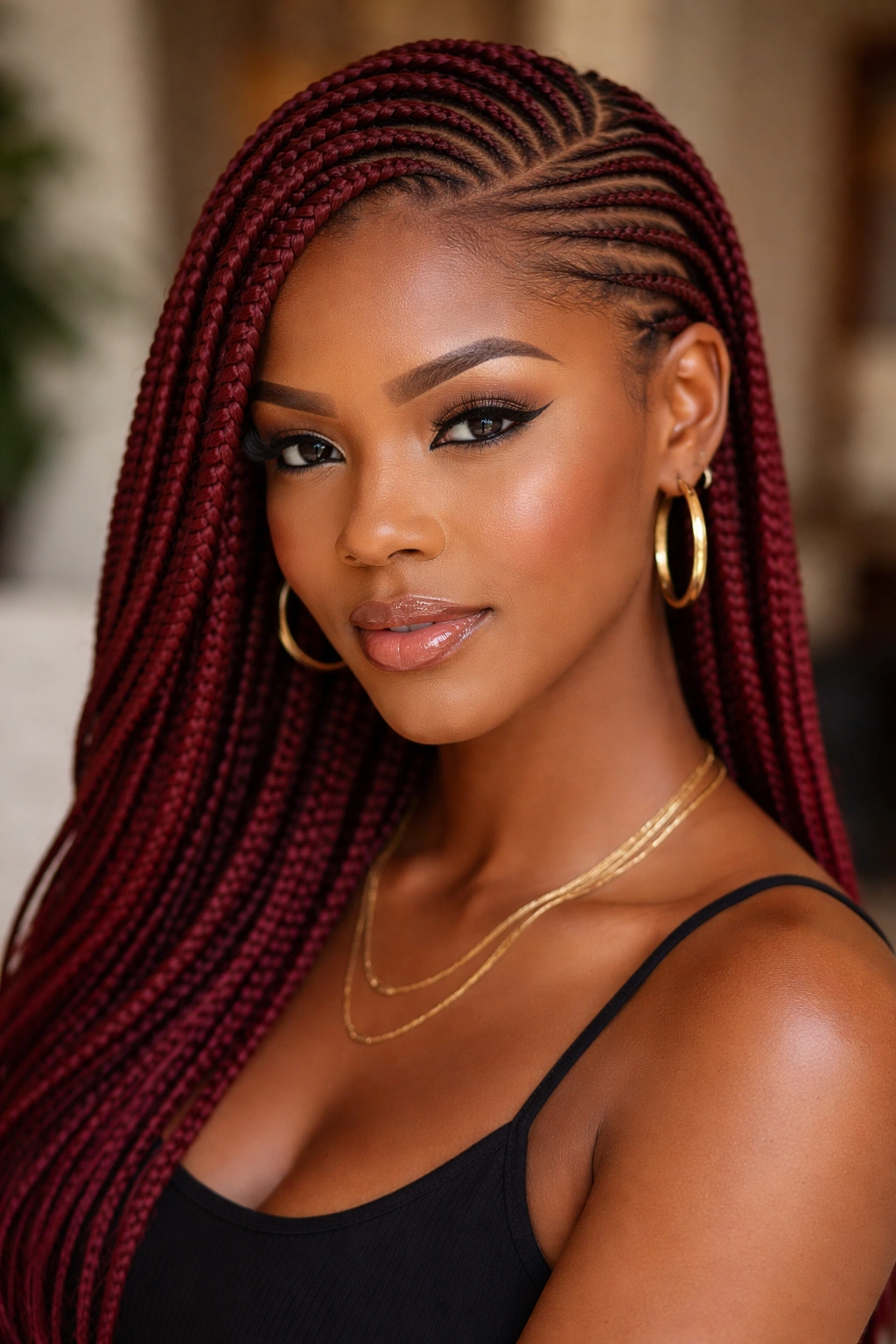 Close-up portrait of a real woman with wine red side-parted cornrows