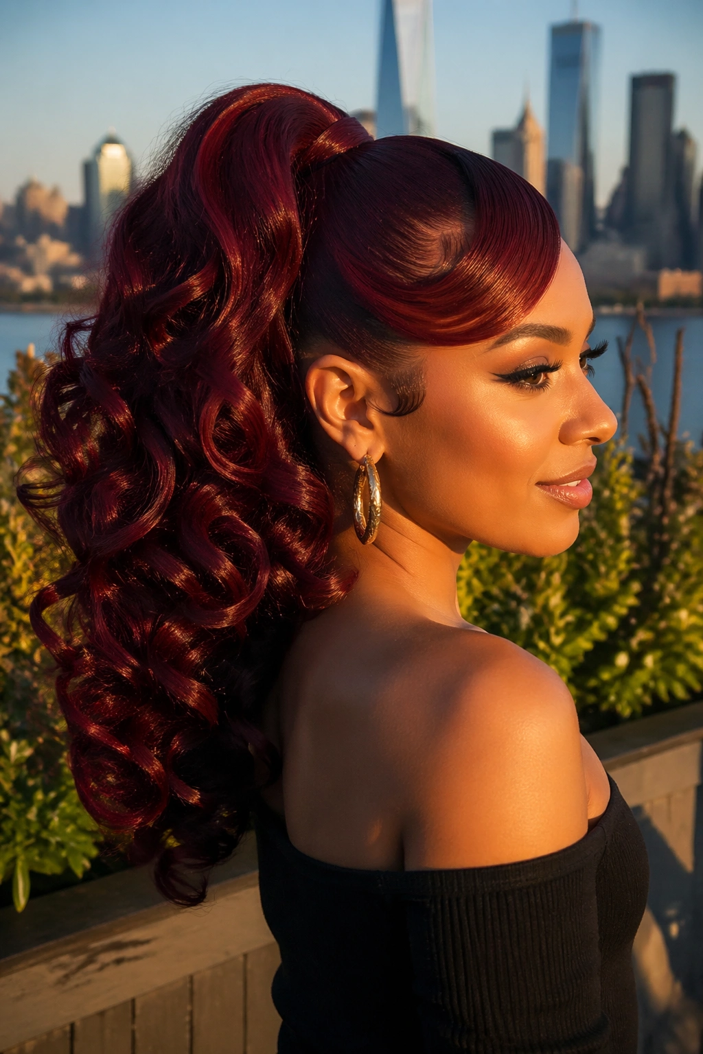 Side-profile wine-red curly swoop ponytail in golden hour light.