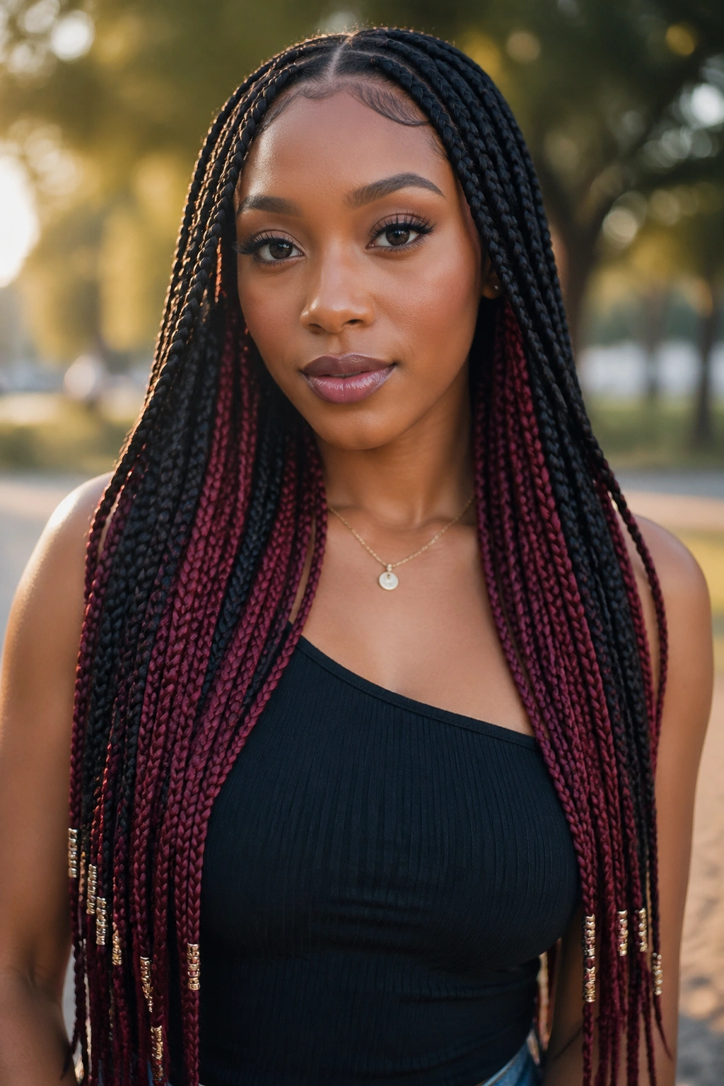 Close-up of waist-length wine red peekaboo braids with slim beads