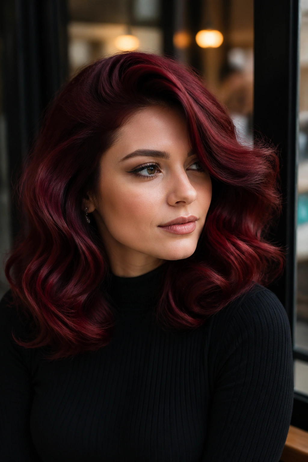 Close-up of wine red waves with retro volume on a real woman