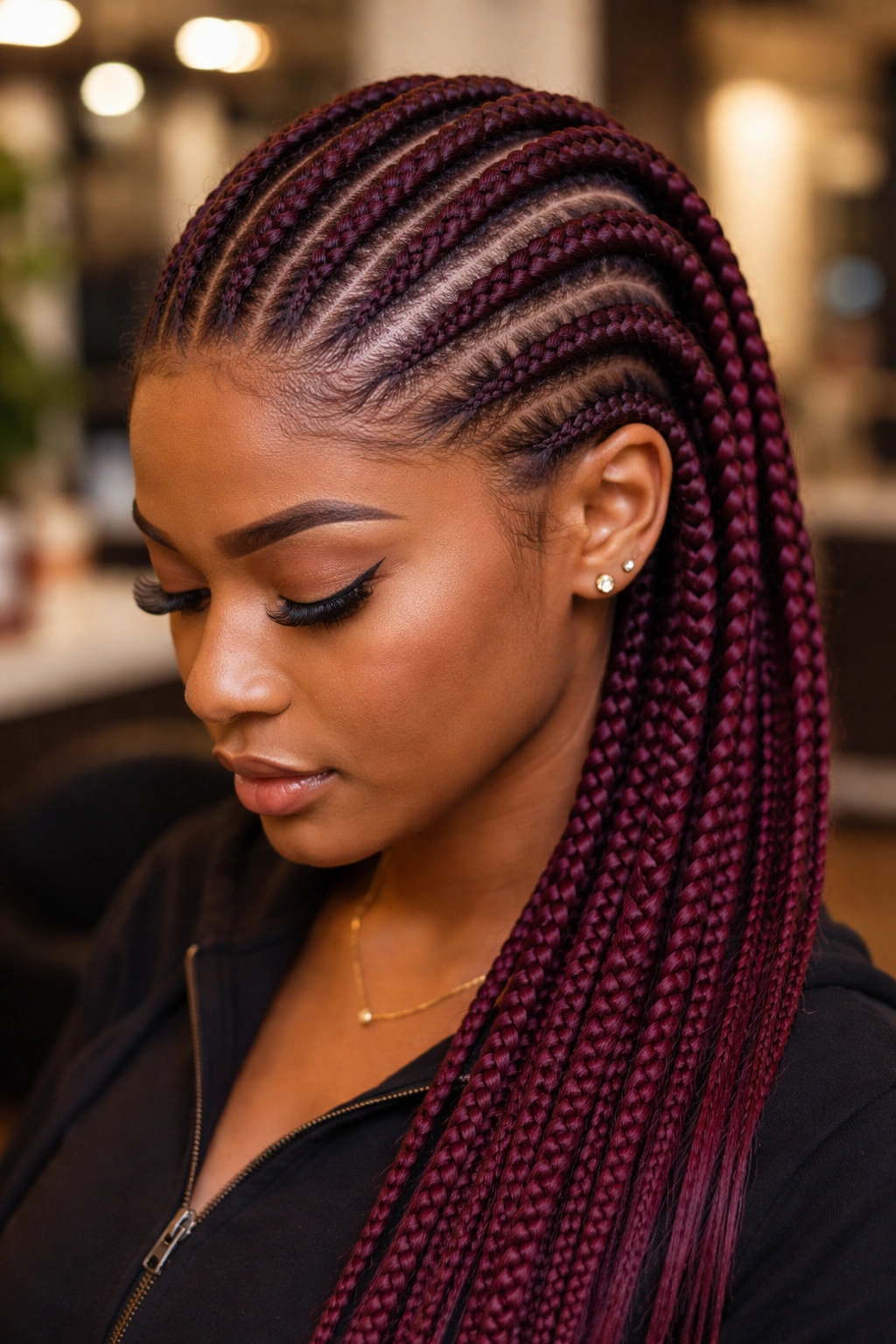 Close-up of wine stitch cornrows showing stitch detail in burgundy