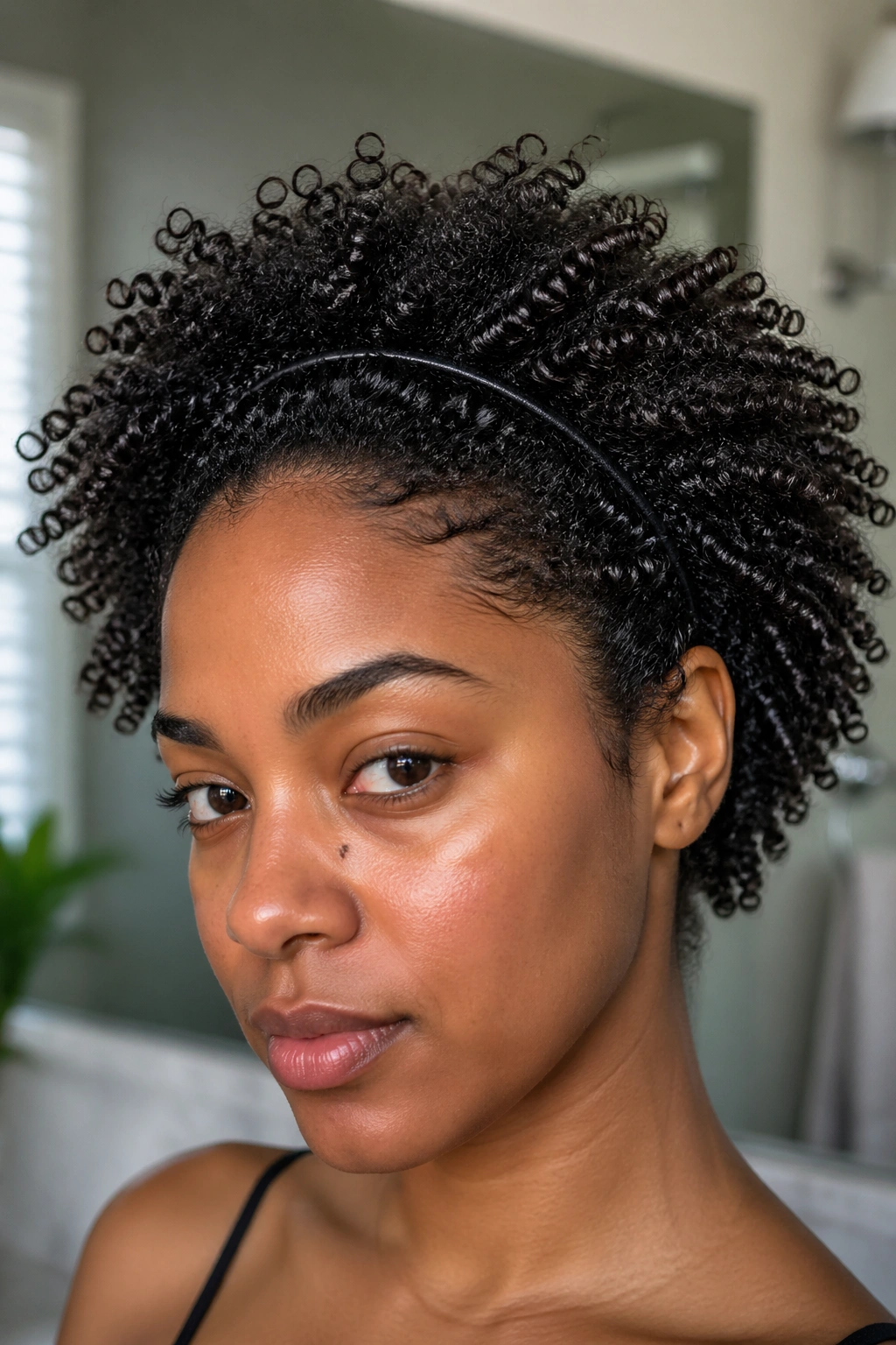 Close-up of a real woman wearing a thin elastic wire headband lifting roots in a wash-and-go afro