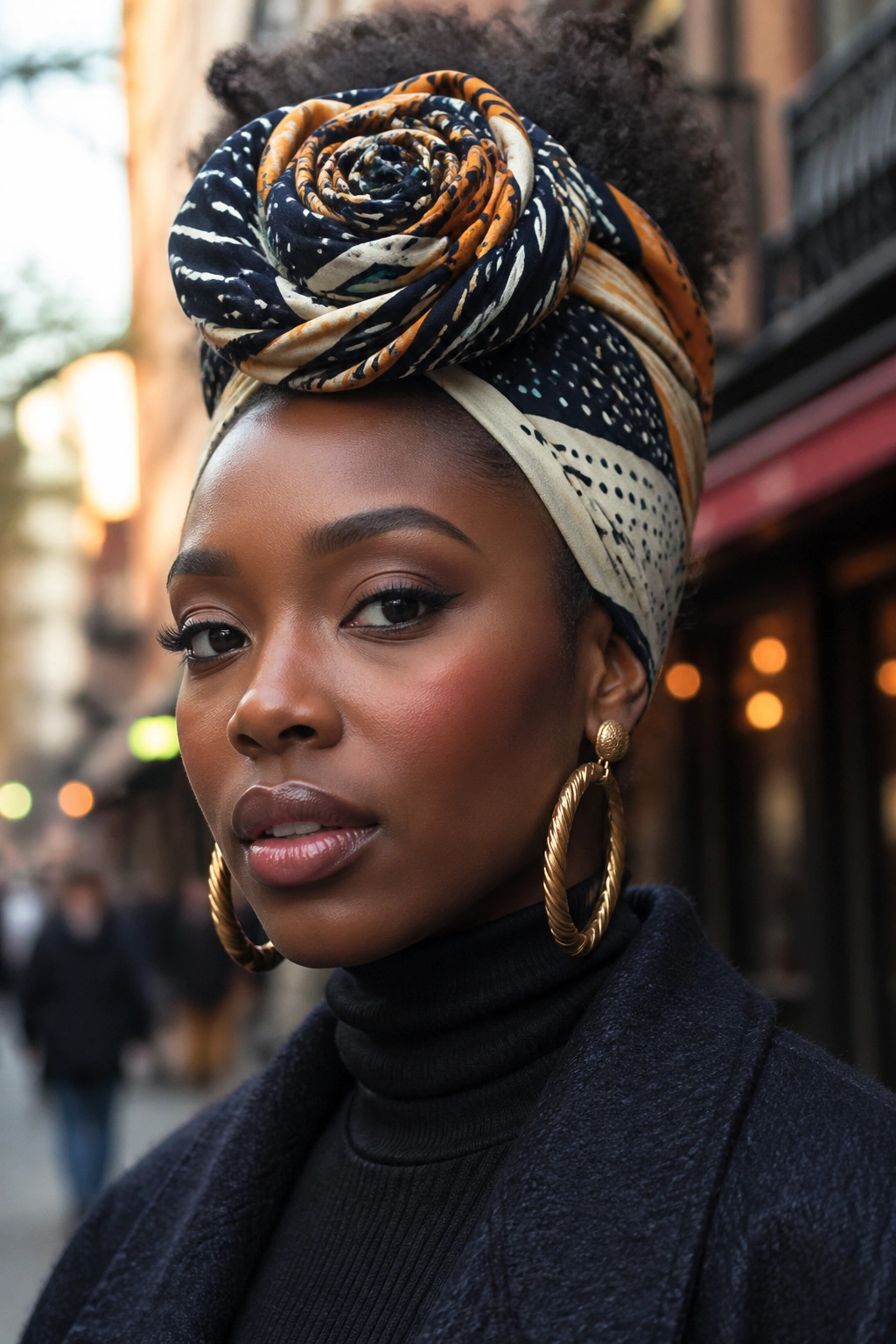 Close-up portrait wearing a wired headscarf shaped into a rosette