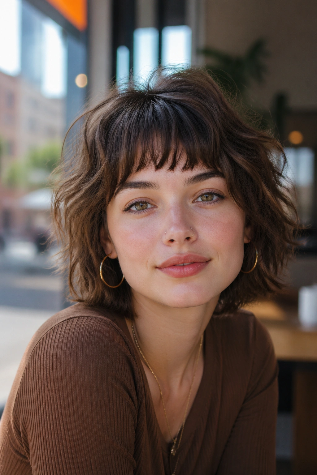 Portrait of a real woman with wispy baby bangs and an airy fringe.