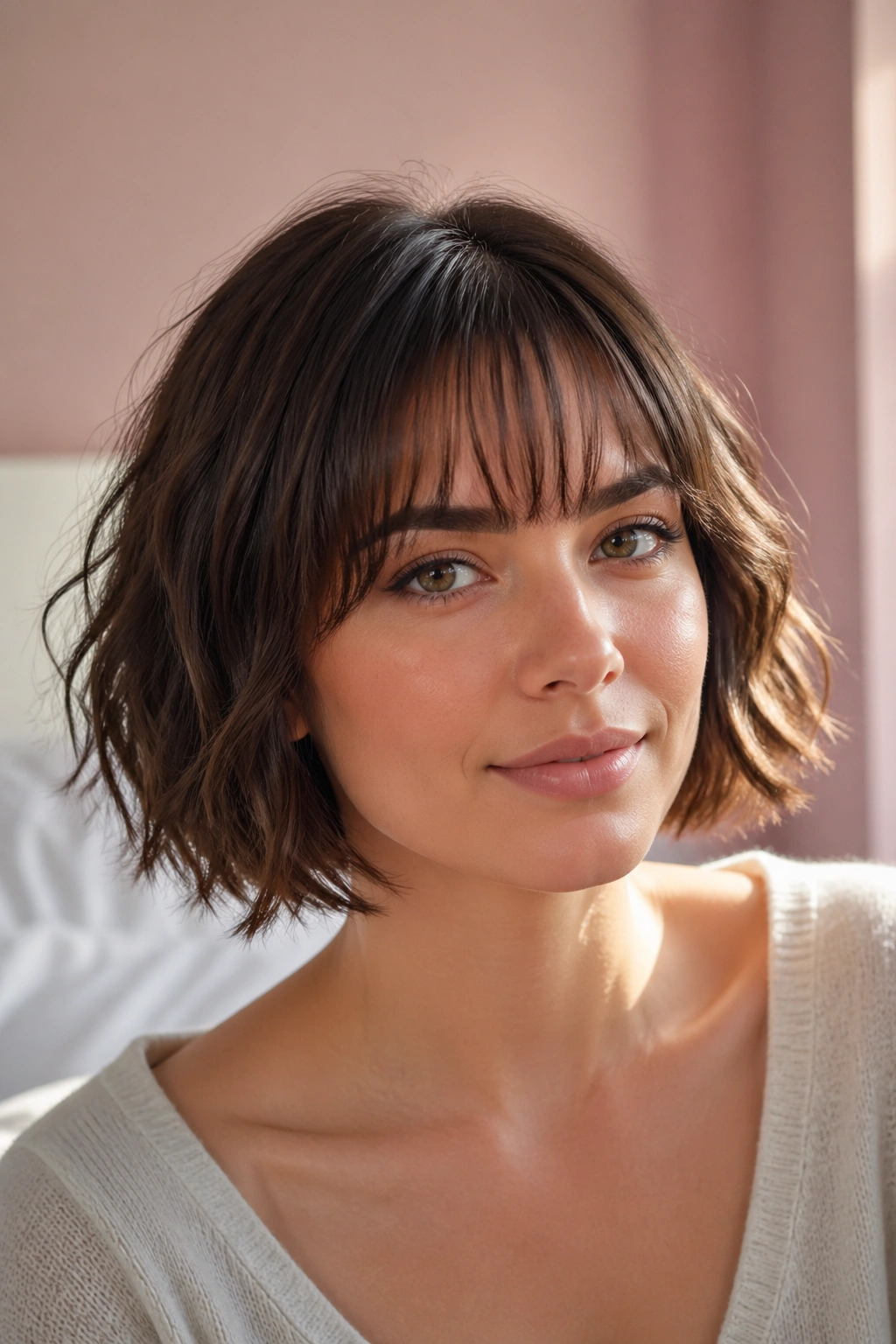 Close-up portrait of a real woman with a chin-length wispy bang bob in a sunlit bedroom.