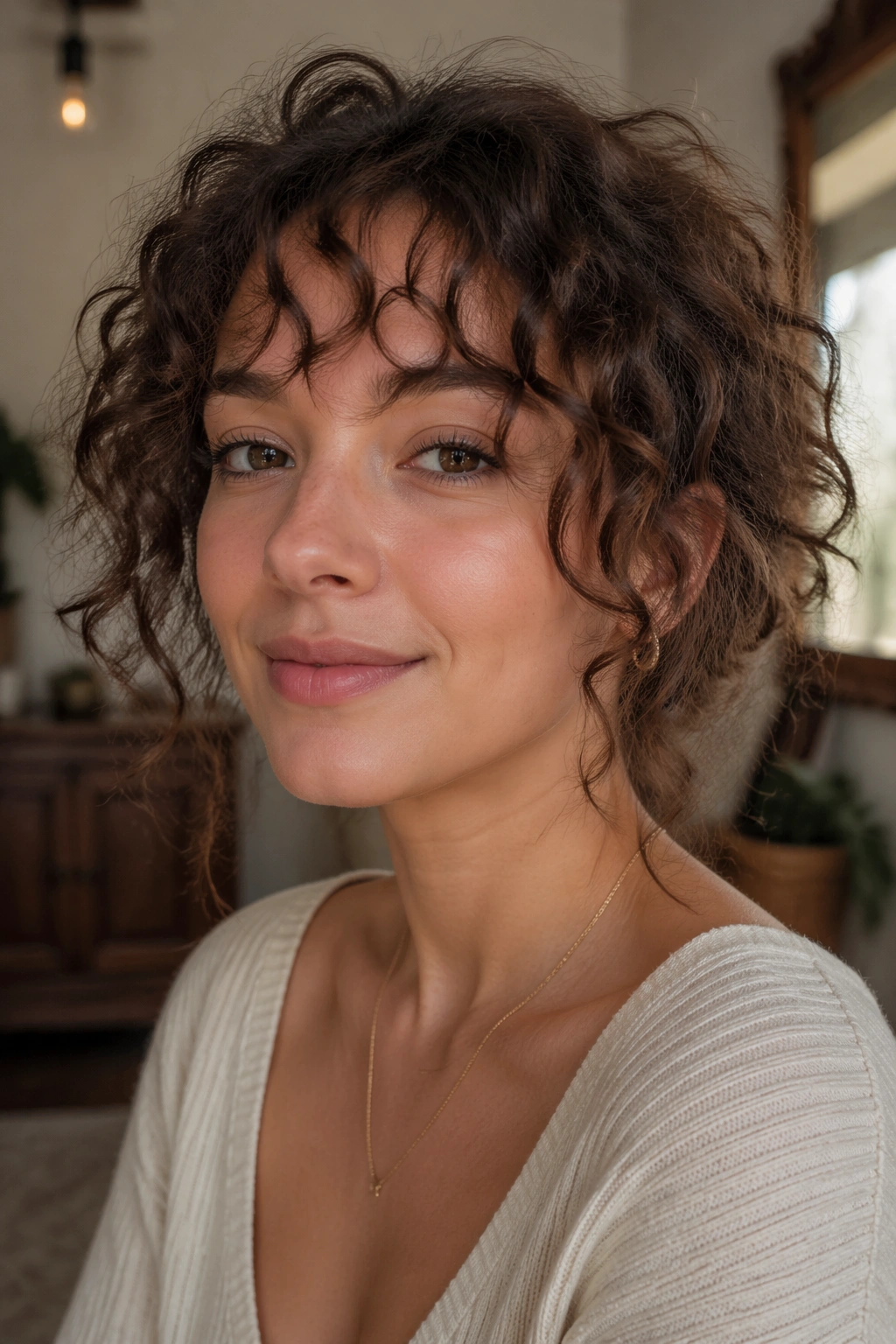 Close-up of a real woman with wispy curly bangs framed by soft window light.
