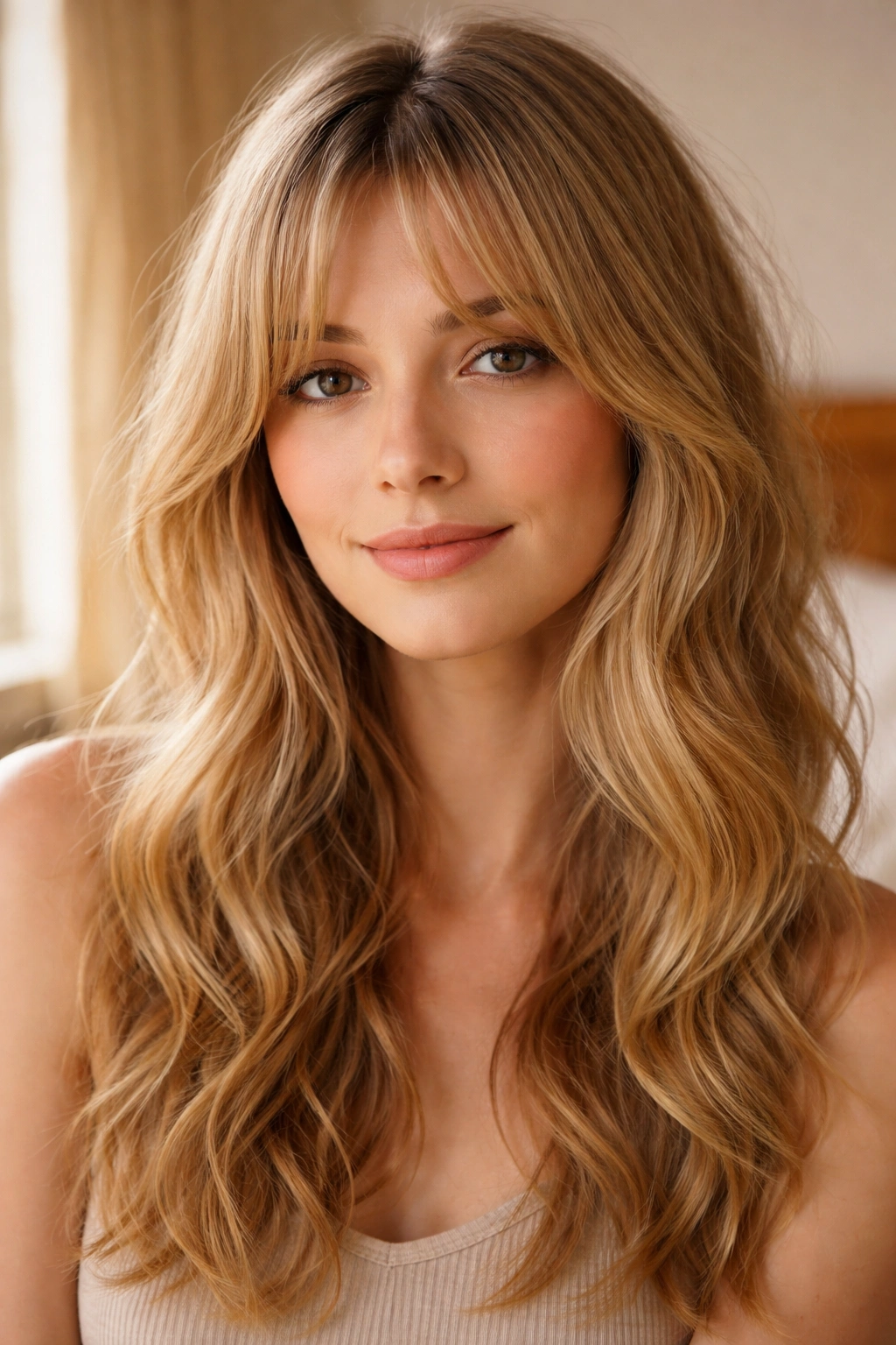 Close-up portrait of a woman with wispy curtain bangs on fine wavy hair in warm bedroom light