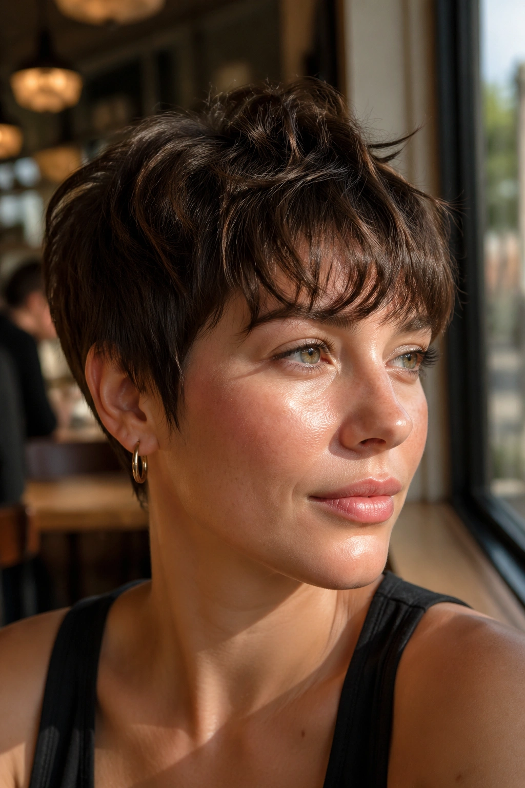 Close-up of a real woman with wispy bangs pixie