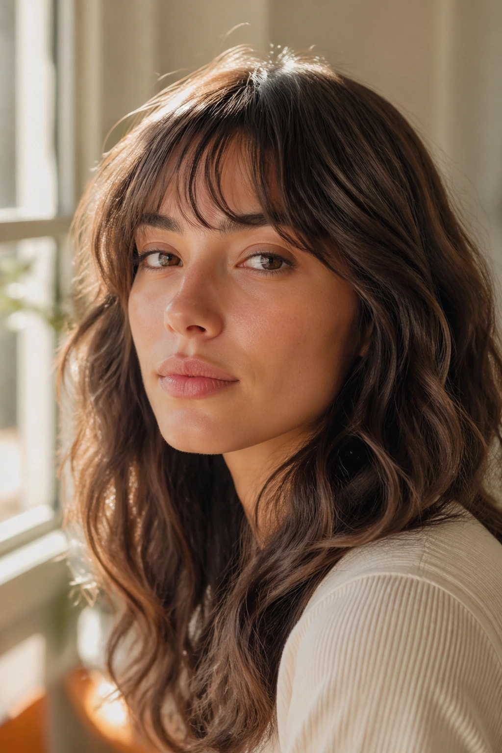 Close-up of a real person with wispy bangs above the brows in sunlit room.