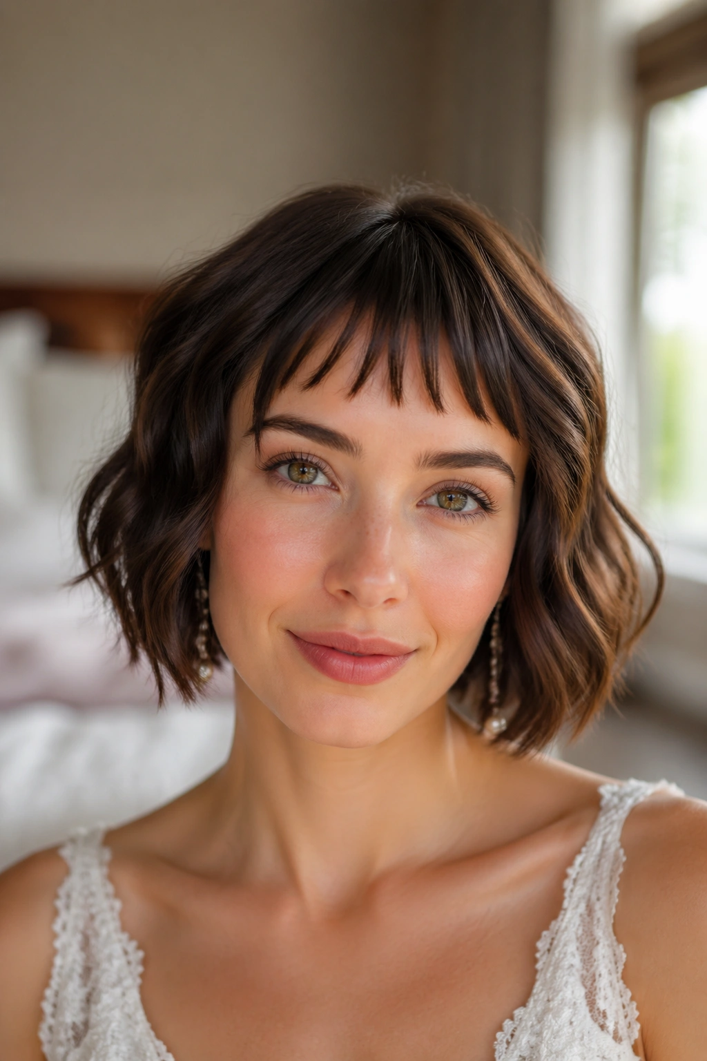 Close-up of a bride with wispy micro-bangs and a textured bob